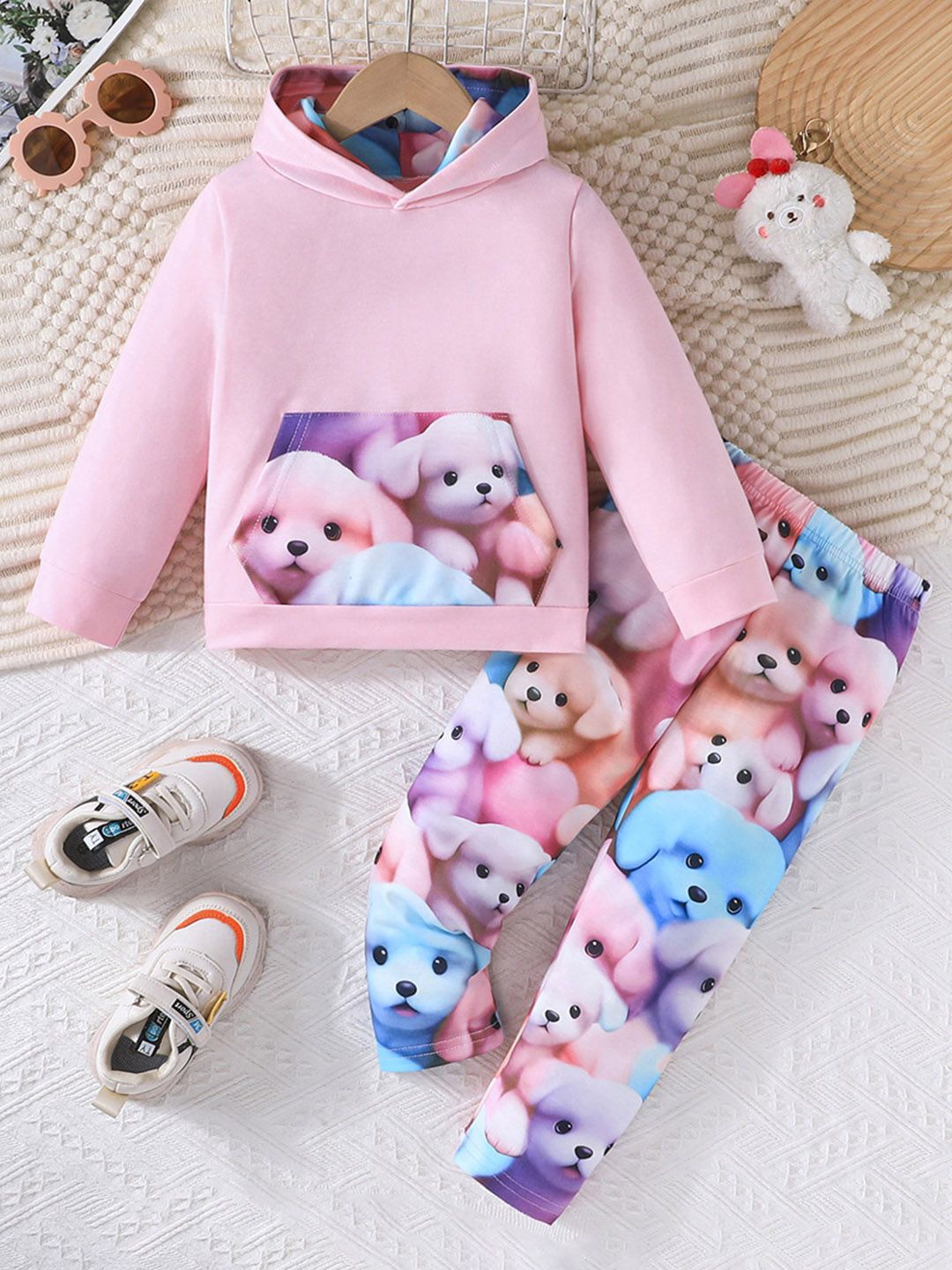

INCLUD Girls Round Neck Printed Sweatshirt with Joggers, Pink