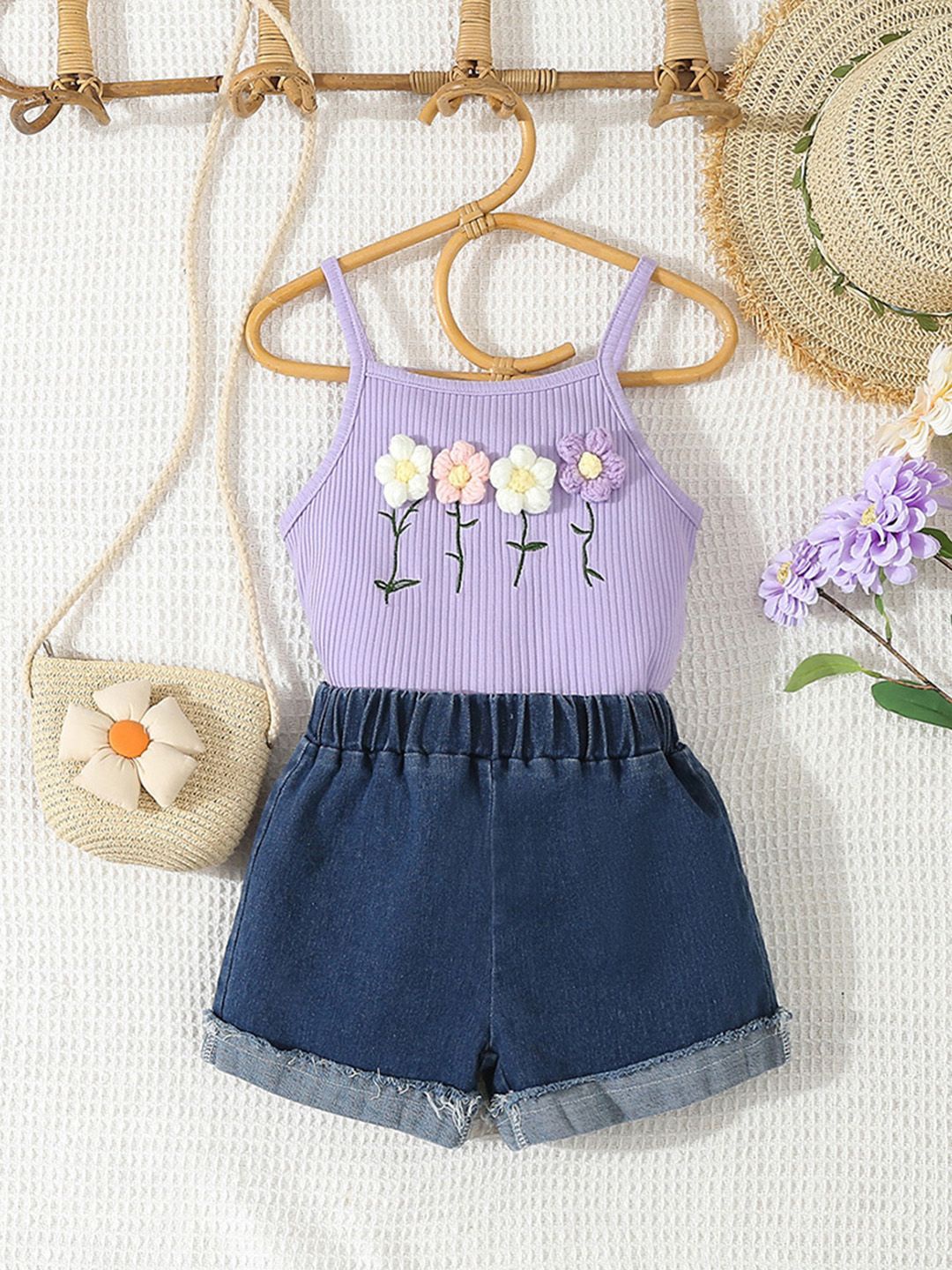 

INCLUD Girls Embroidered Top with Shorts, Purple