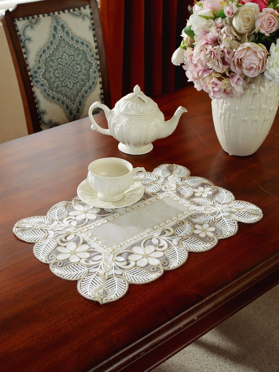 

MONKDECOR Off White Embroidered Kitchen Dining Table Placemats