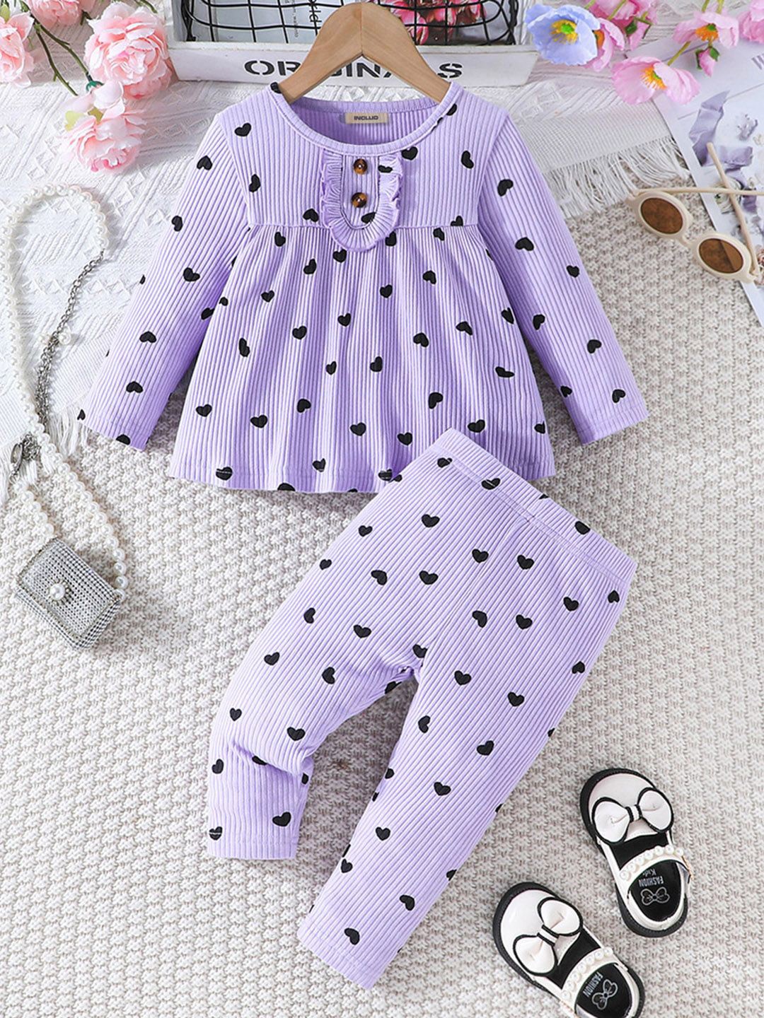 

INCLUD Girls Round Neck Printed Top with Trousers, Purple