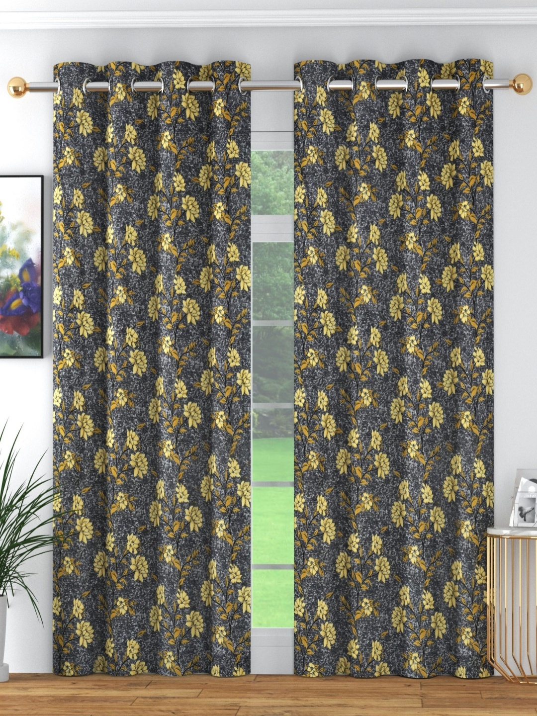 

ANA Grey & Yellow 2 Pieces Floral Room Darkening Long Door Curtain