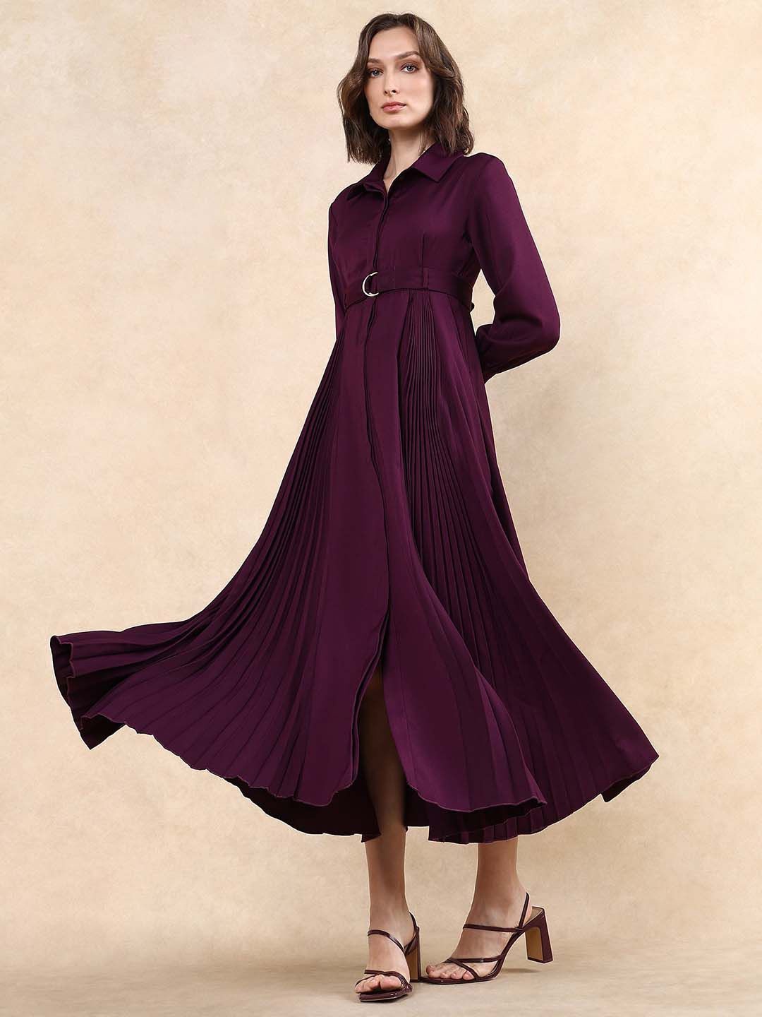 

RAREISM Women Pleated Fit & Flare Maxi Dress, Purple