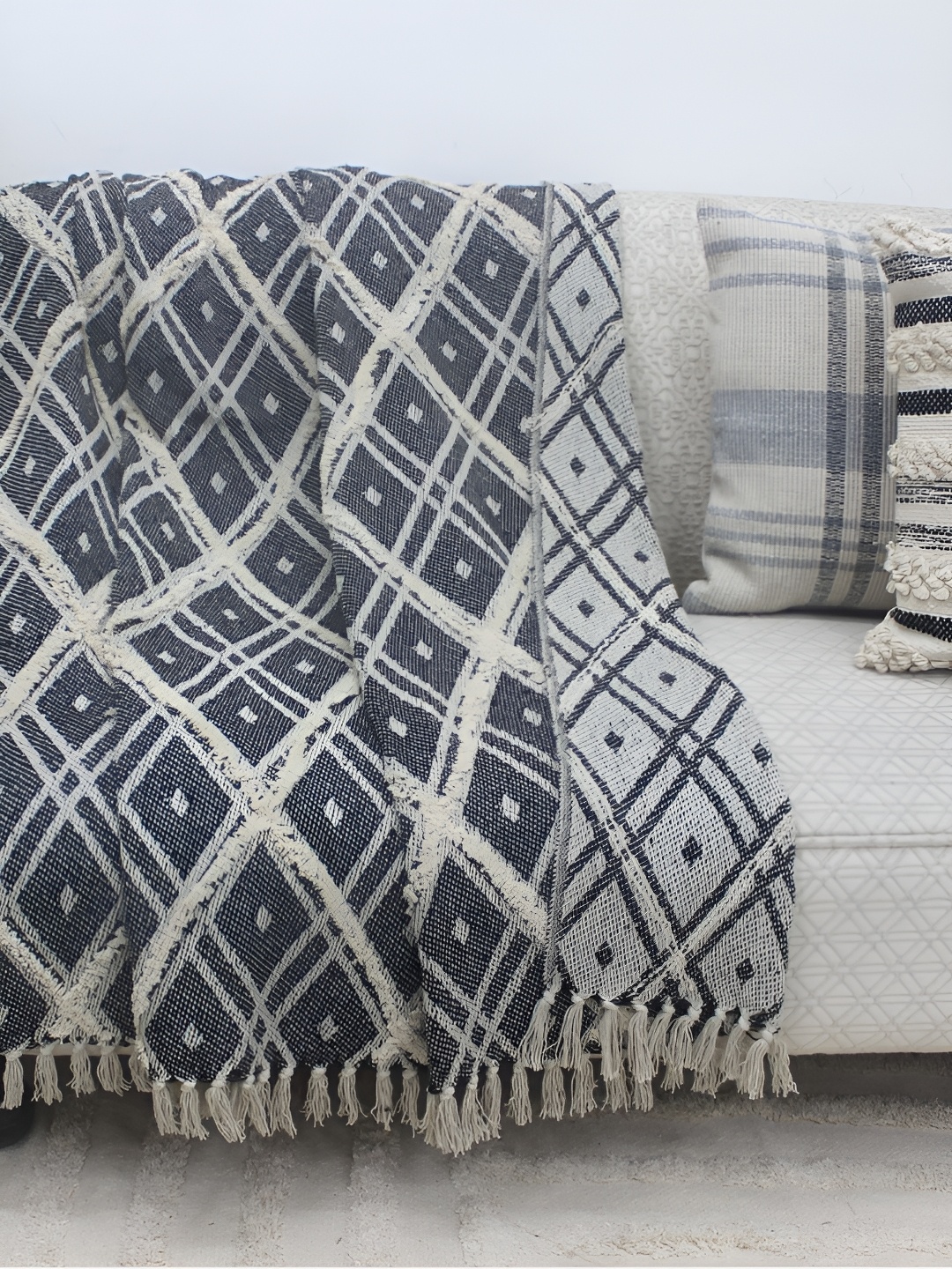 

Lyve Grey & Beige Textured Cotton Throws With Fringe