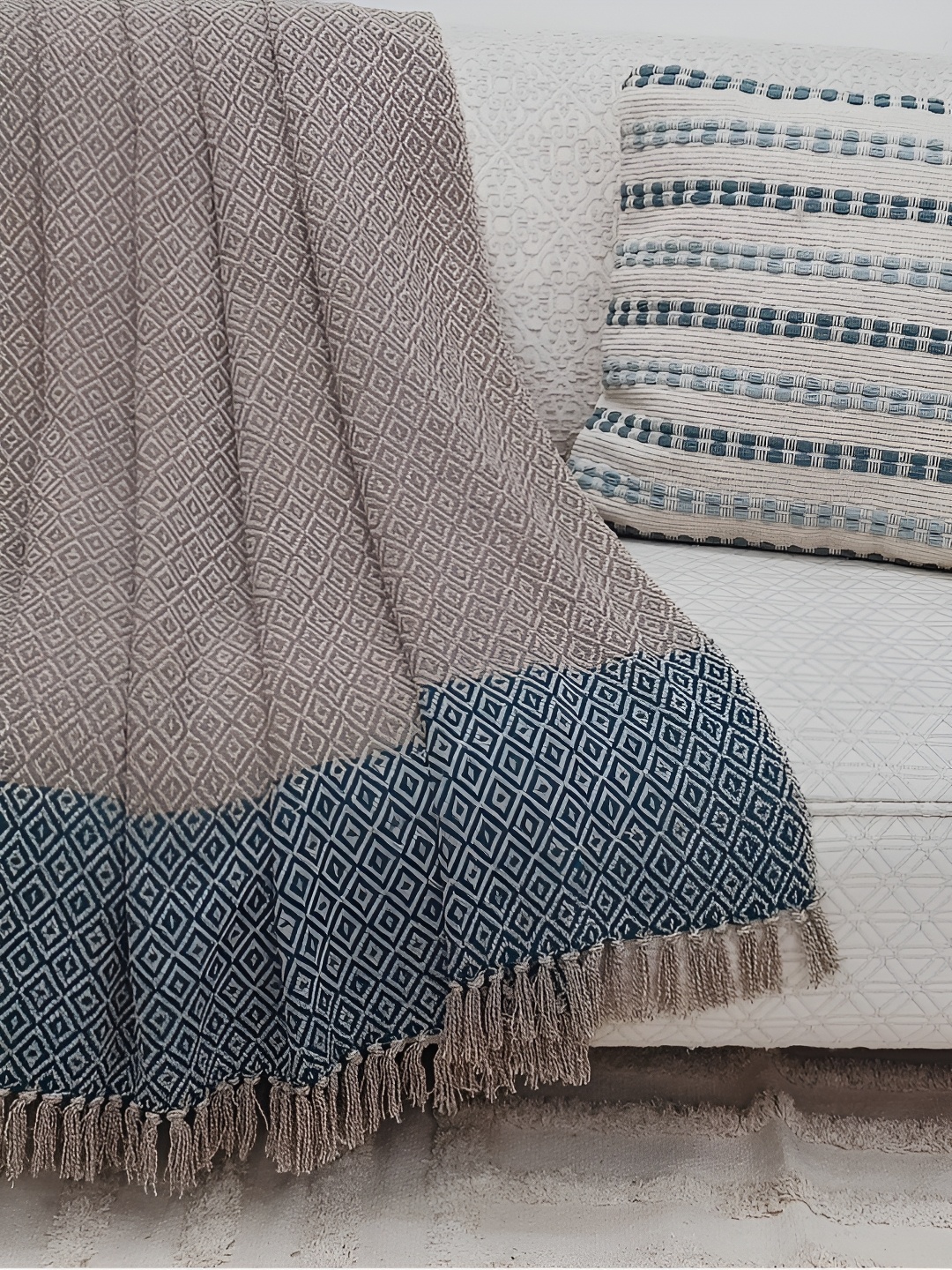 

Lyve Blue & Grey Textured Cotton Throws With Fringe