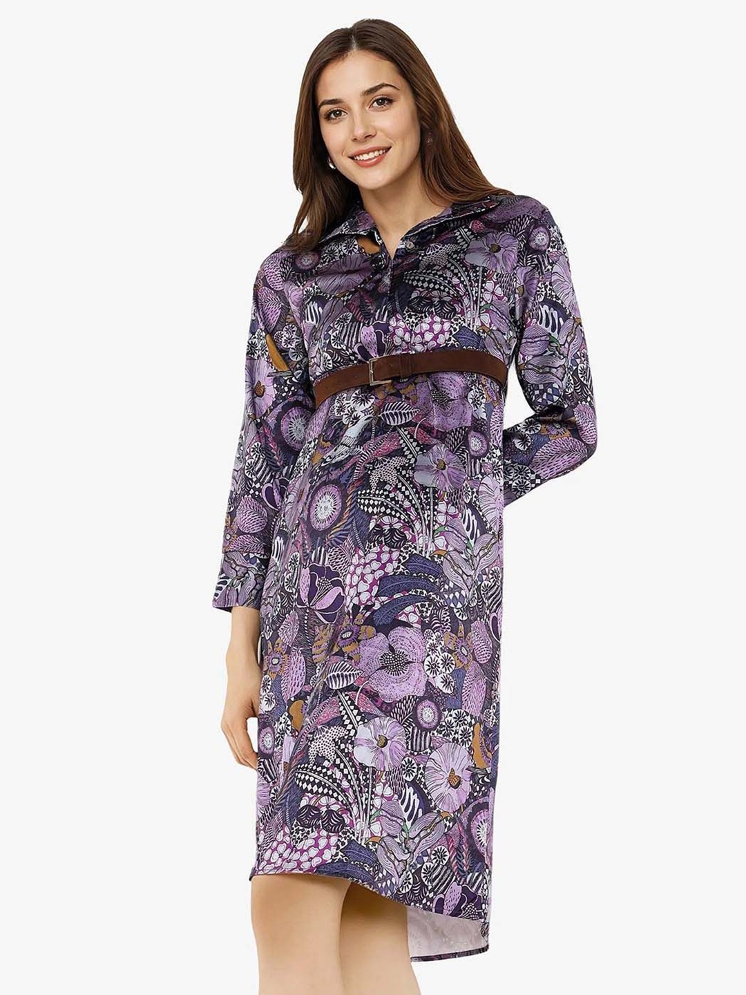 

RAREISM Women Floral Printed A-Line Dress, Purple