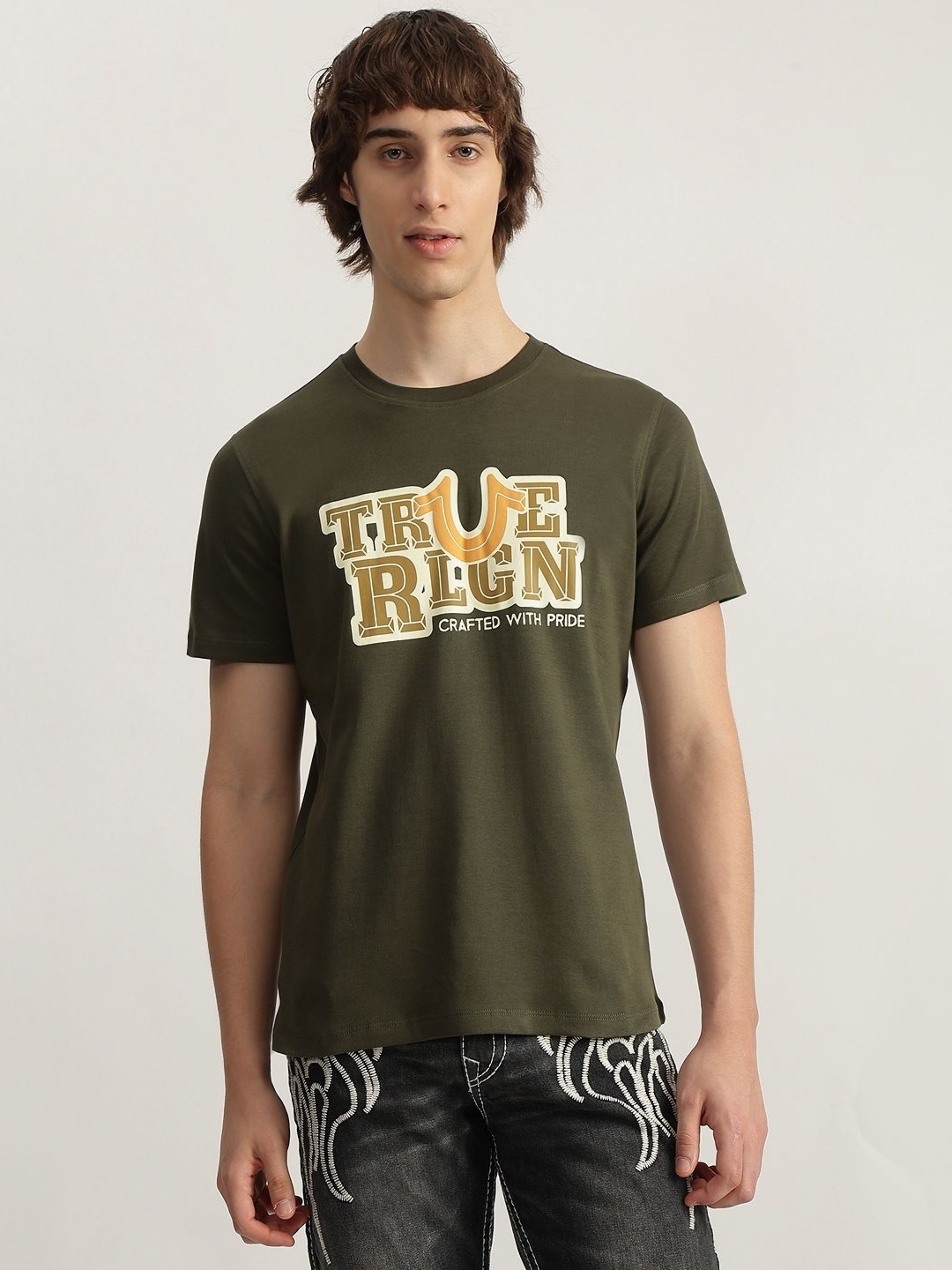 

True Religion Men Typography Printed Round Neck Cotton T-shirt, Olive