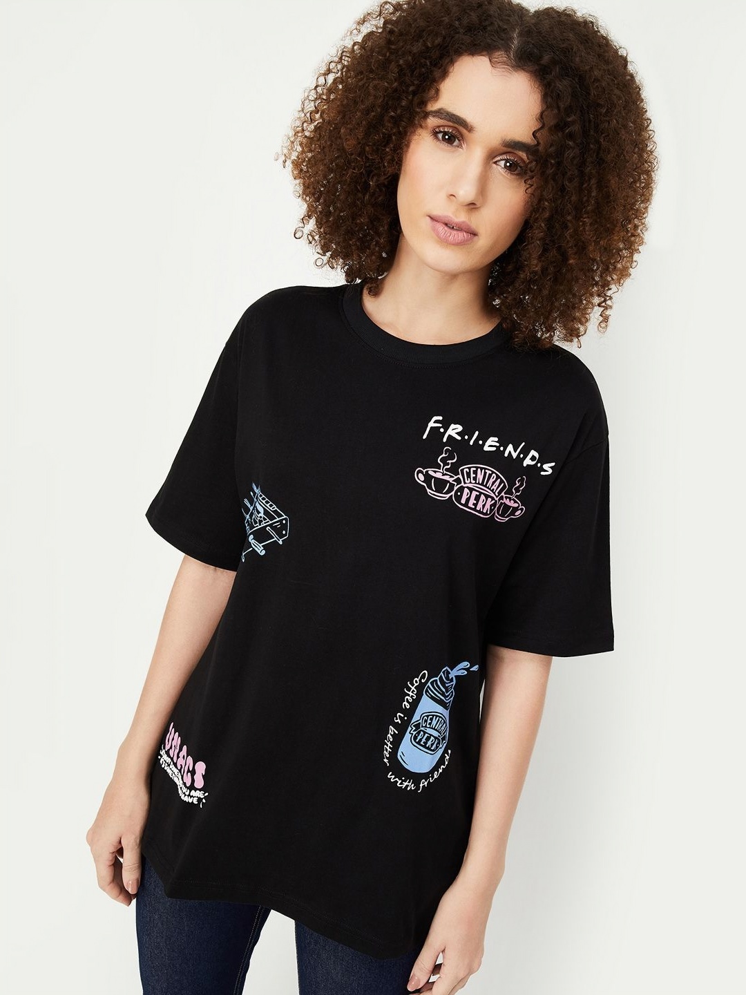 

max Women Graphic Printed Round Neck Cotton Oversized T-shirt, Black