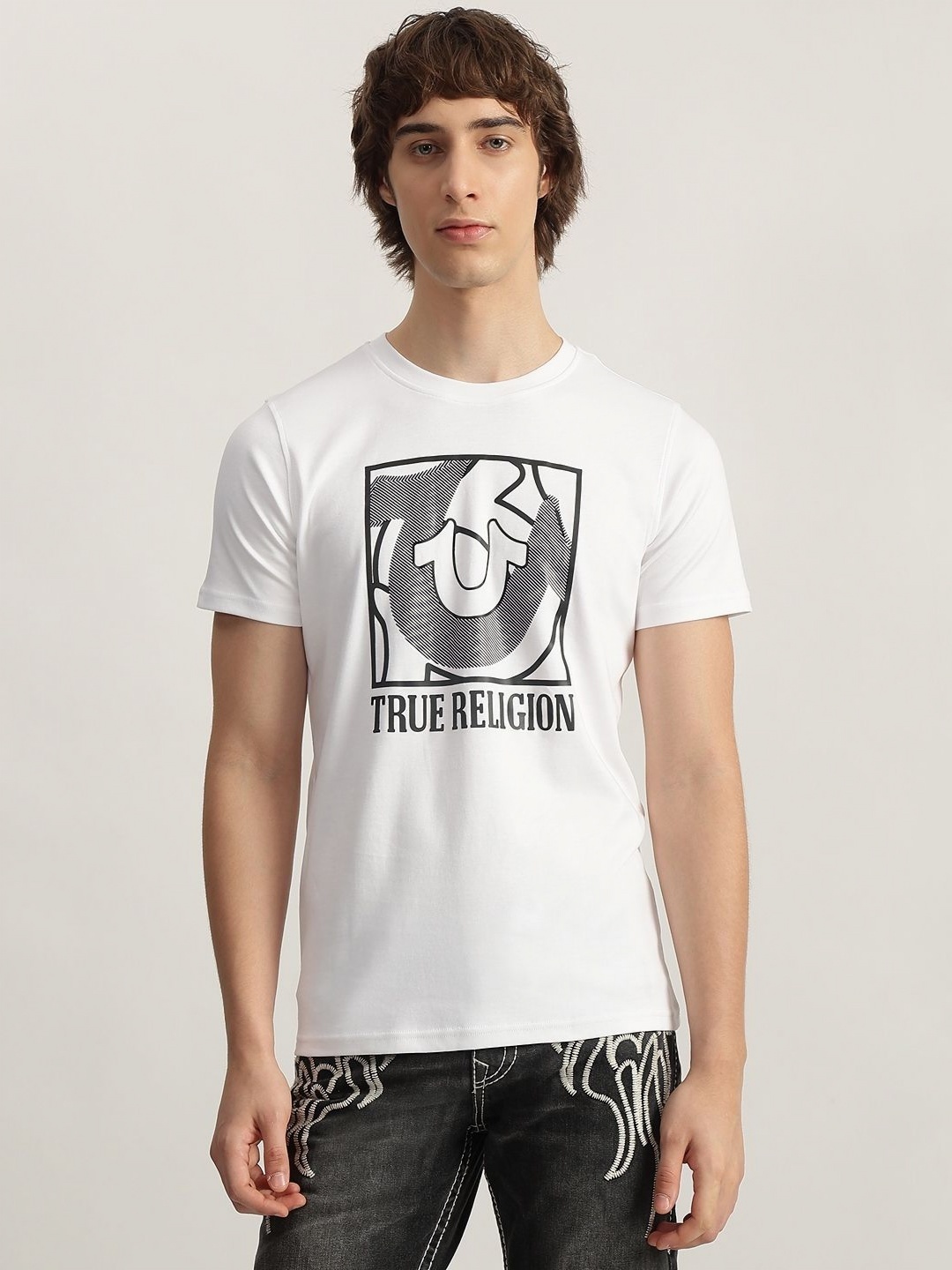 

True Religion Men Graphic Printed Round Neck Cotton T-shirt, White