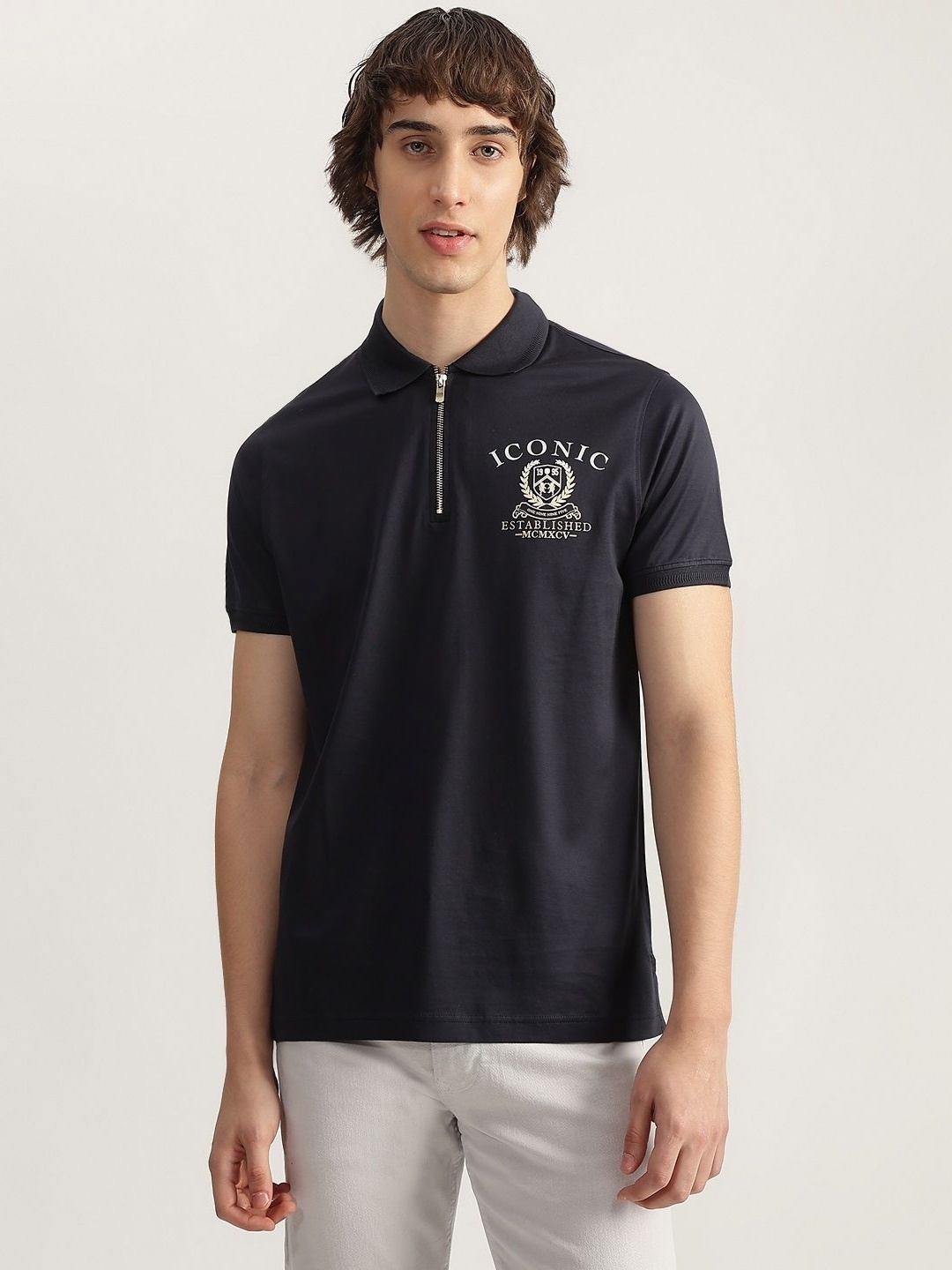 

Iconic Men Typography Printed Polo Collar Cotton T-shirt, Black