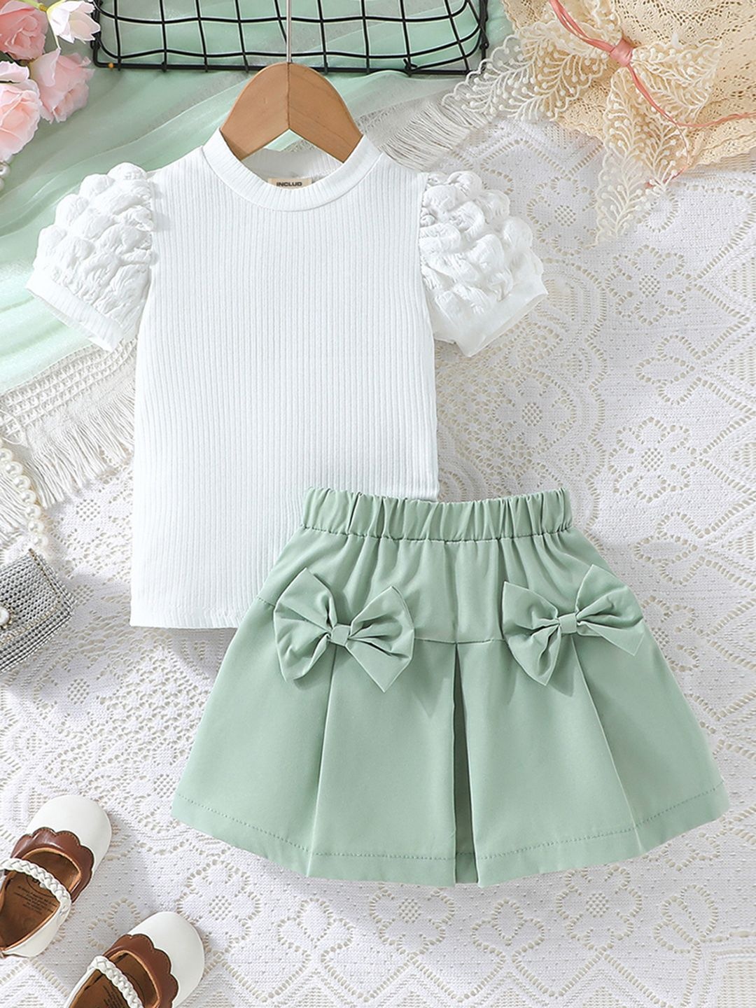 

INCLUD Girls Self Design Round Neck Short Sleeves Top With Skirt, Green