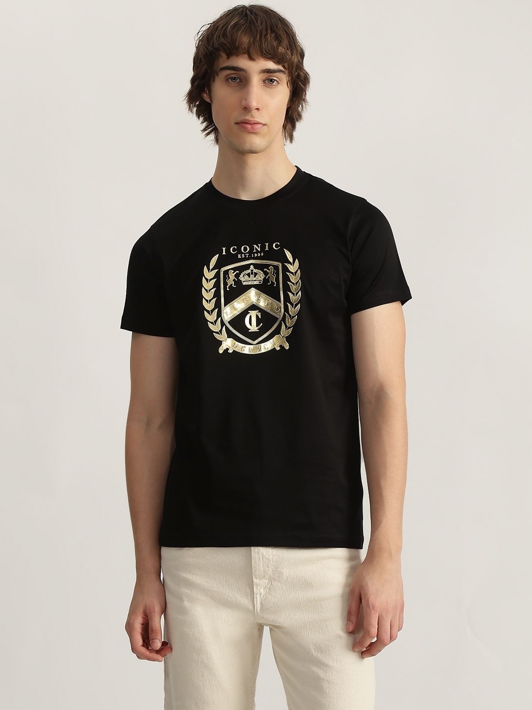 

Iconic Men Graphic Printed Round Neck Cotton T-shirt, Black