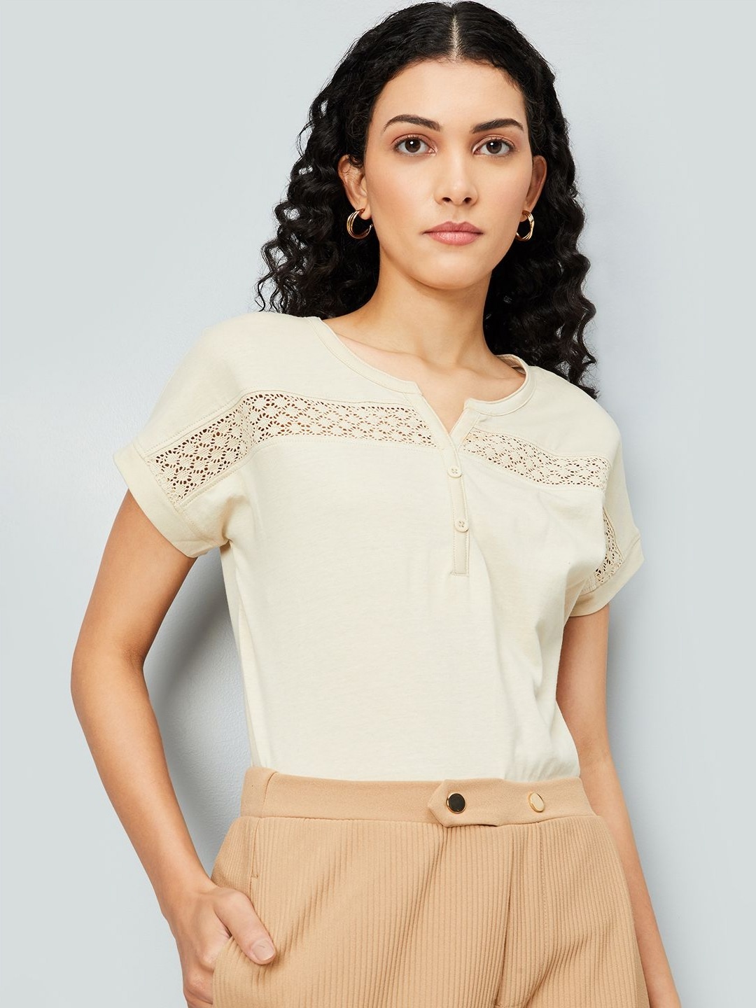 

max Women Self Design Round Neck Cotton T-shirt, Beige