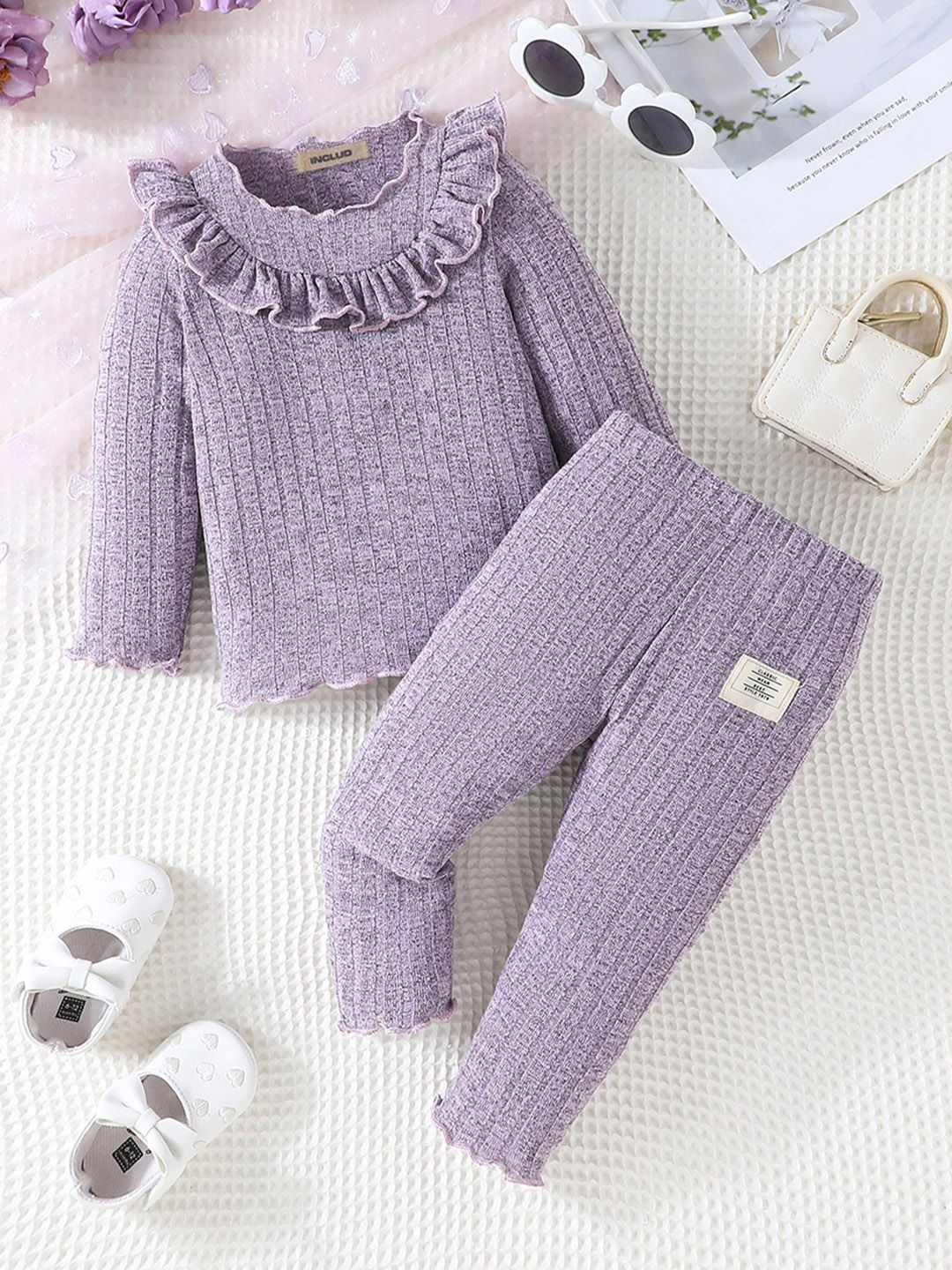 

INCLUD Girls Self Design Top with Trousers, Purple