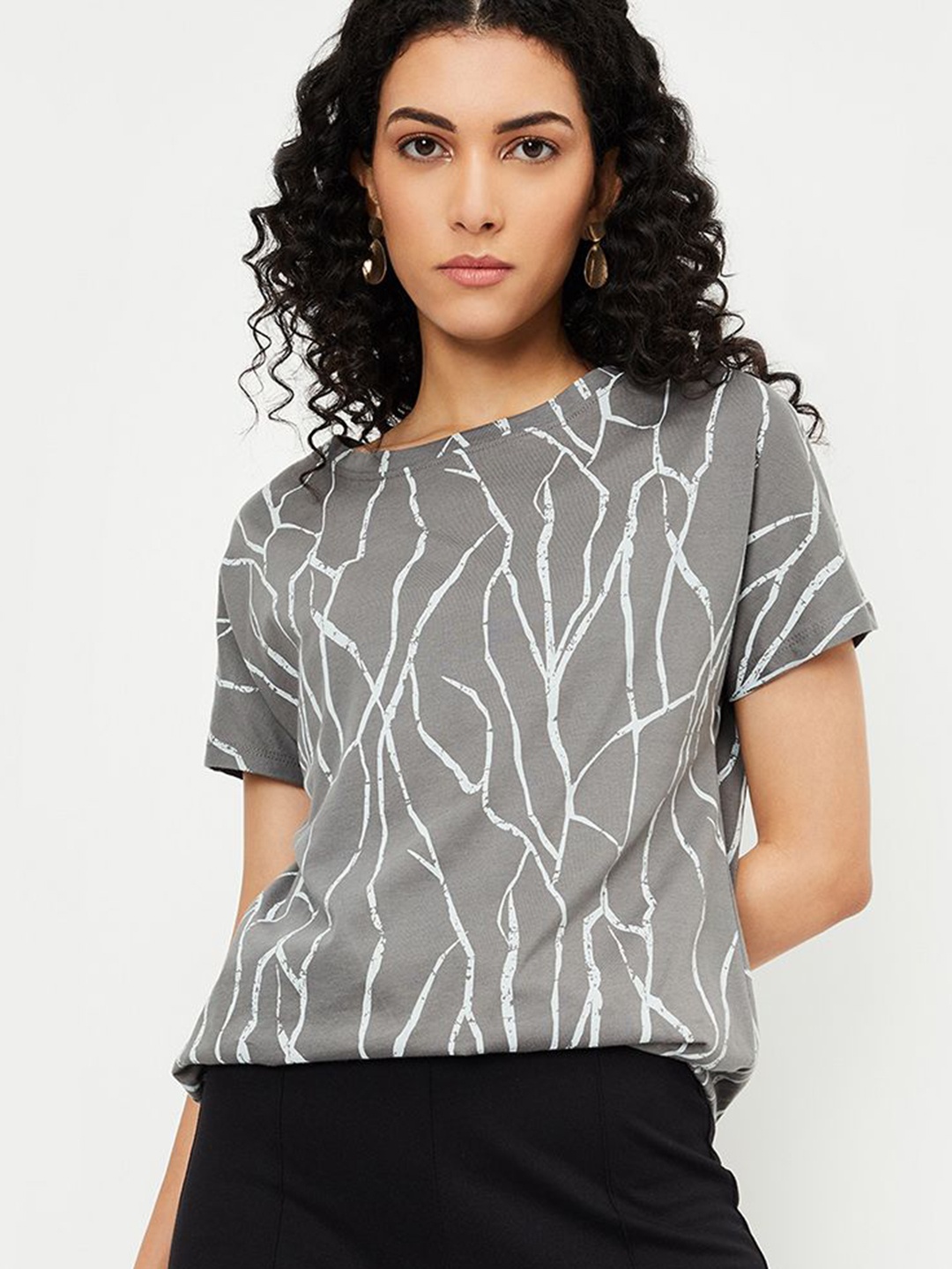 

max Women Abstract Printed Round Neck Cotton T-shirt, Grey