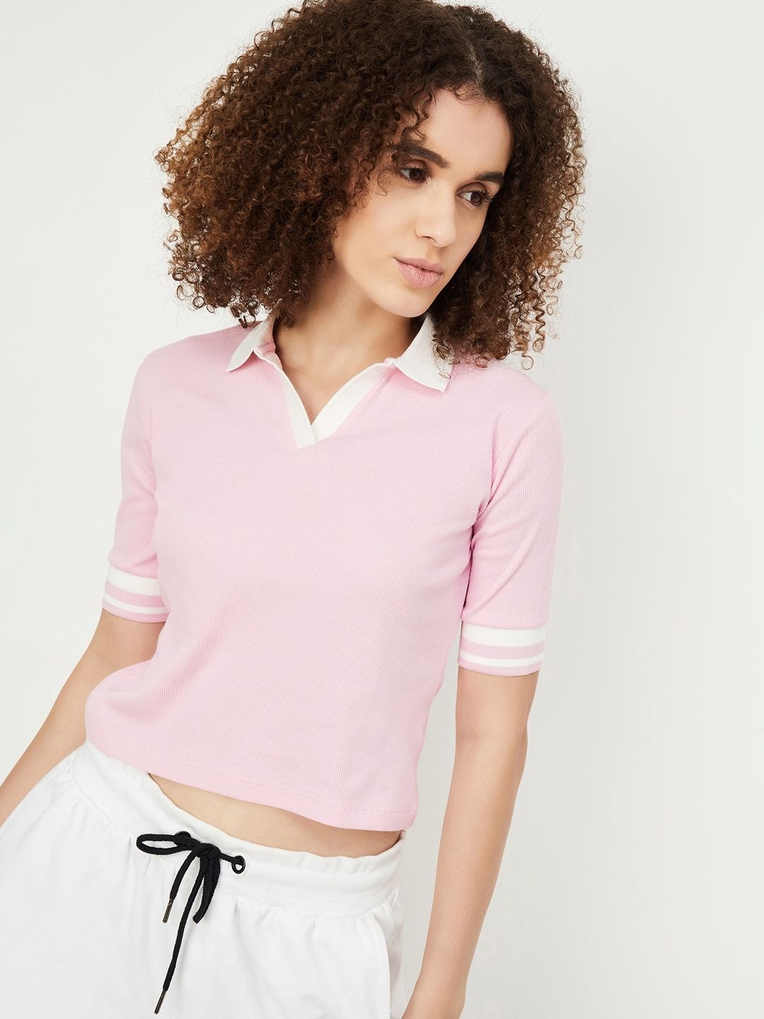 

max Women Solid Polo Collar Cotton T-shirt, Pink