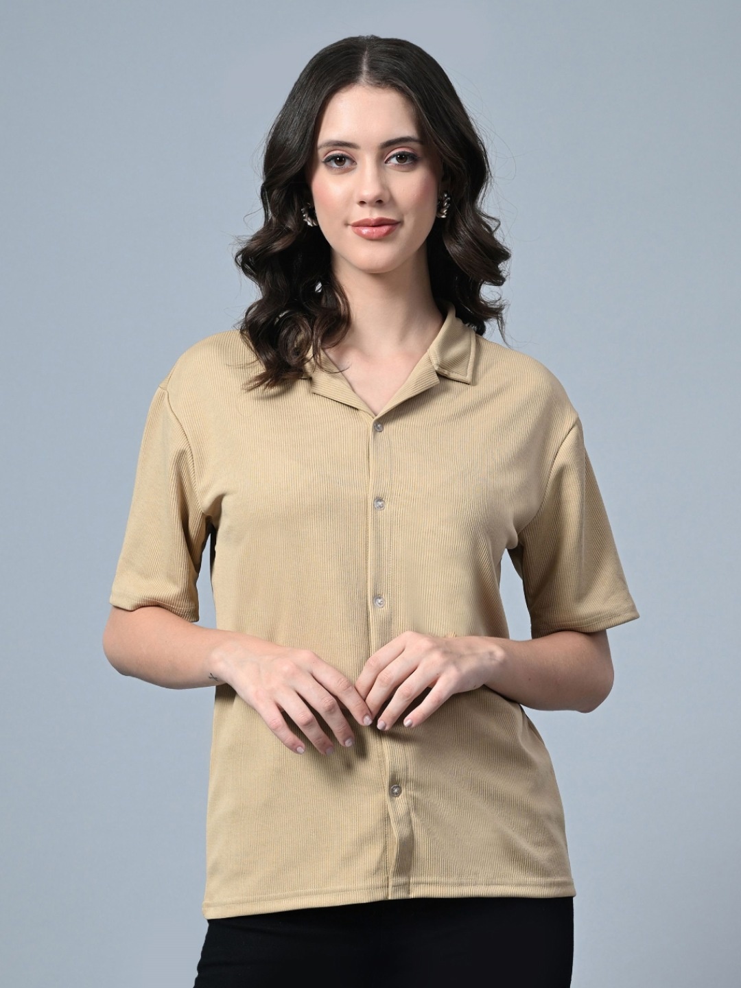 

Genzy Women Peter Pan Collar Drop-Shoulder Sleeves Pockets T-shirt, Beige