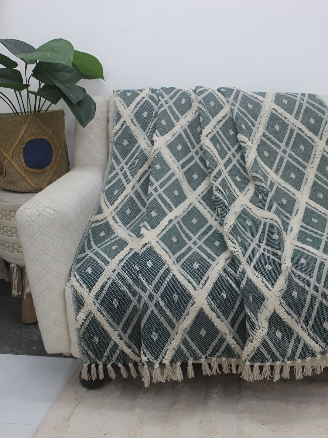

Lyve Green & Beige Self Design Cotton Throw Blanket