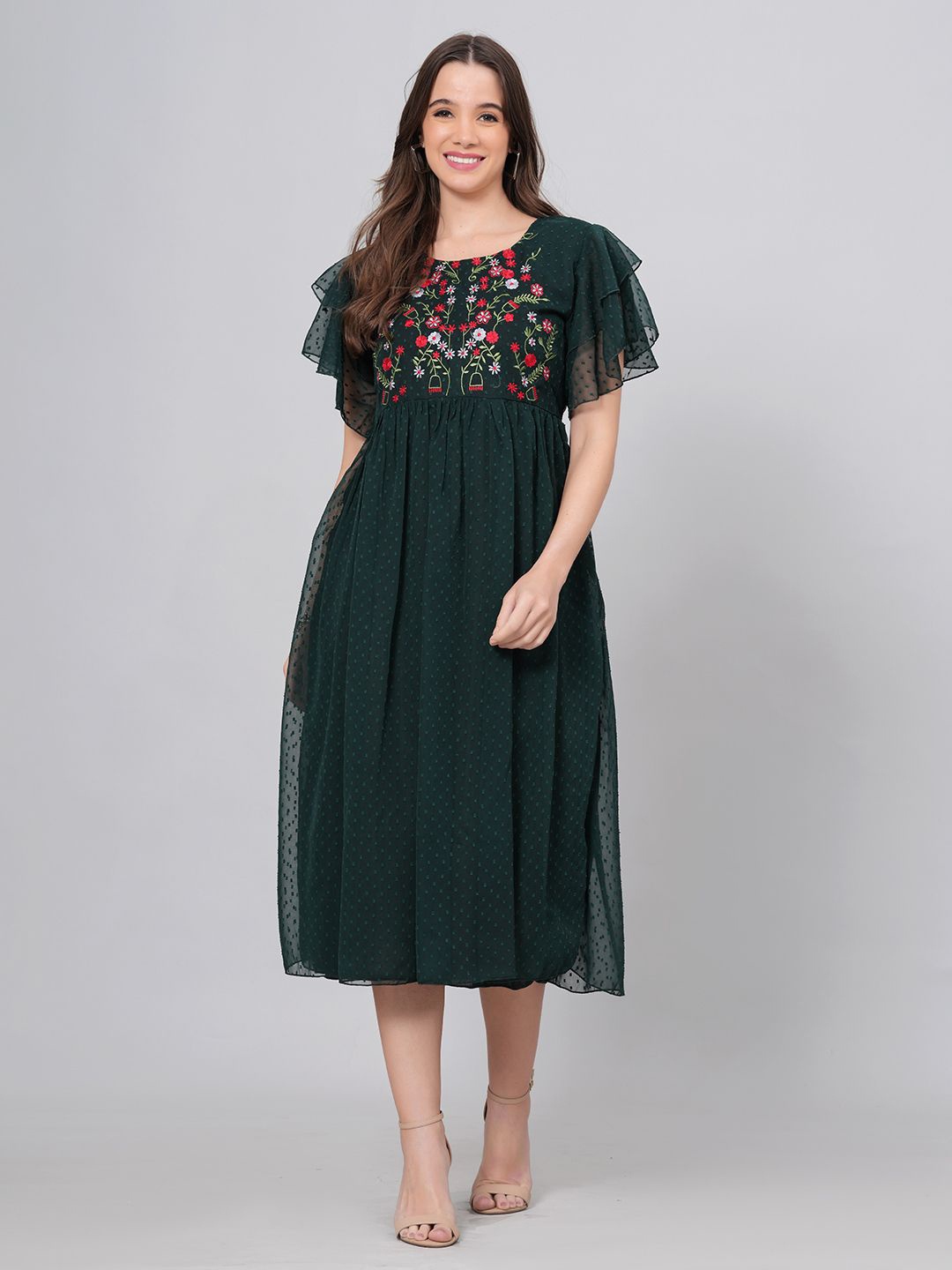 

BPT DESIGNER Women Embroidered Puff Sleeve Fit & Flare Midi Dress, Green