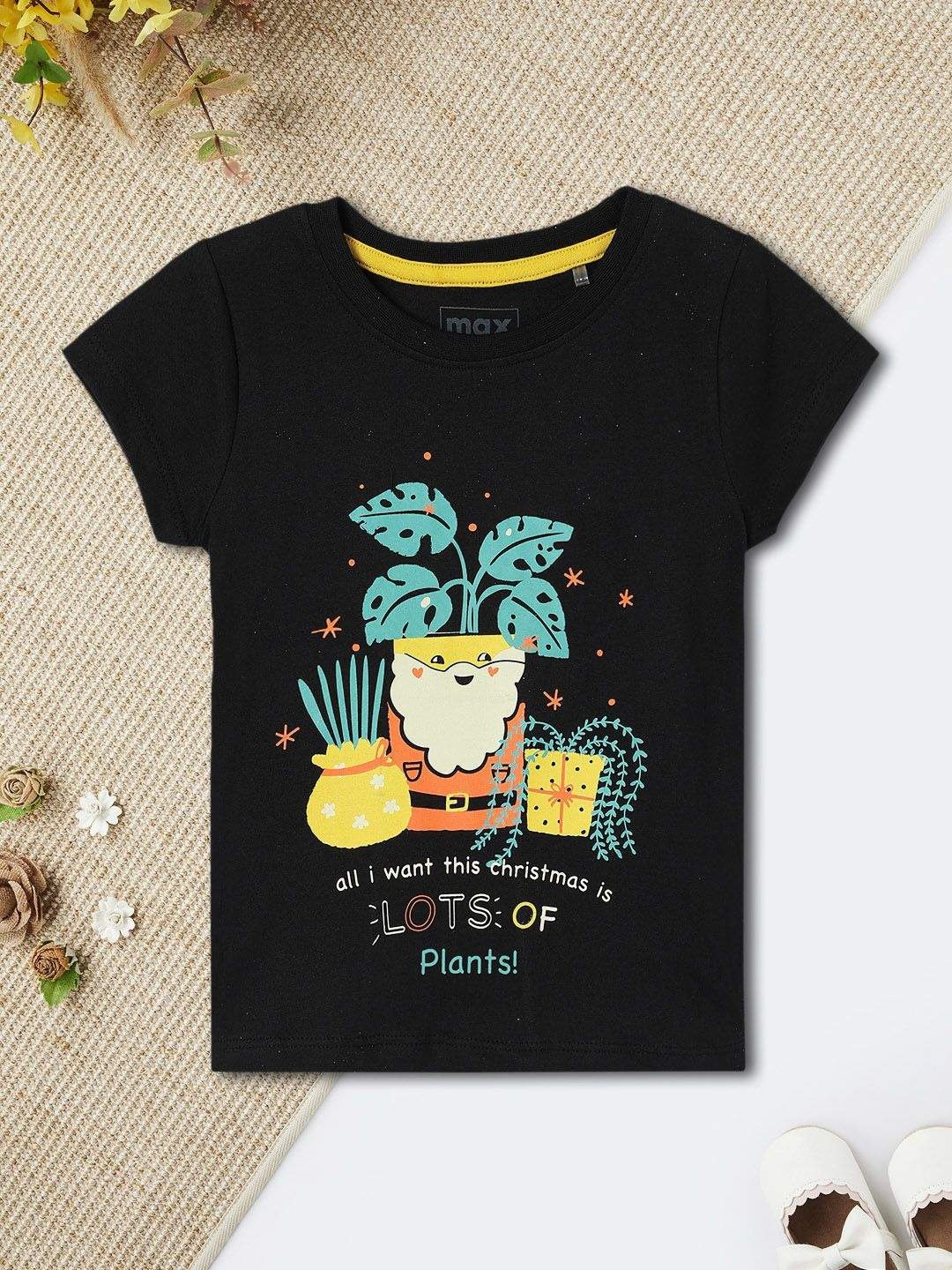 

max Girls Graphic Printed Round Neck Cotton T-shirt, Black