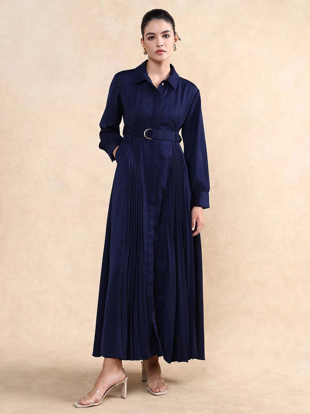 

RAREISM Women Shirt Collar Maxi Dress, Navy blue