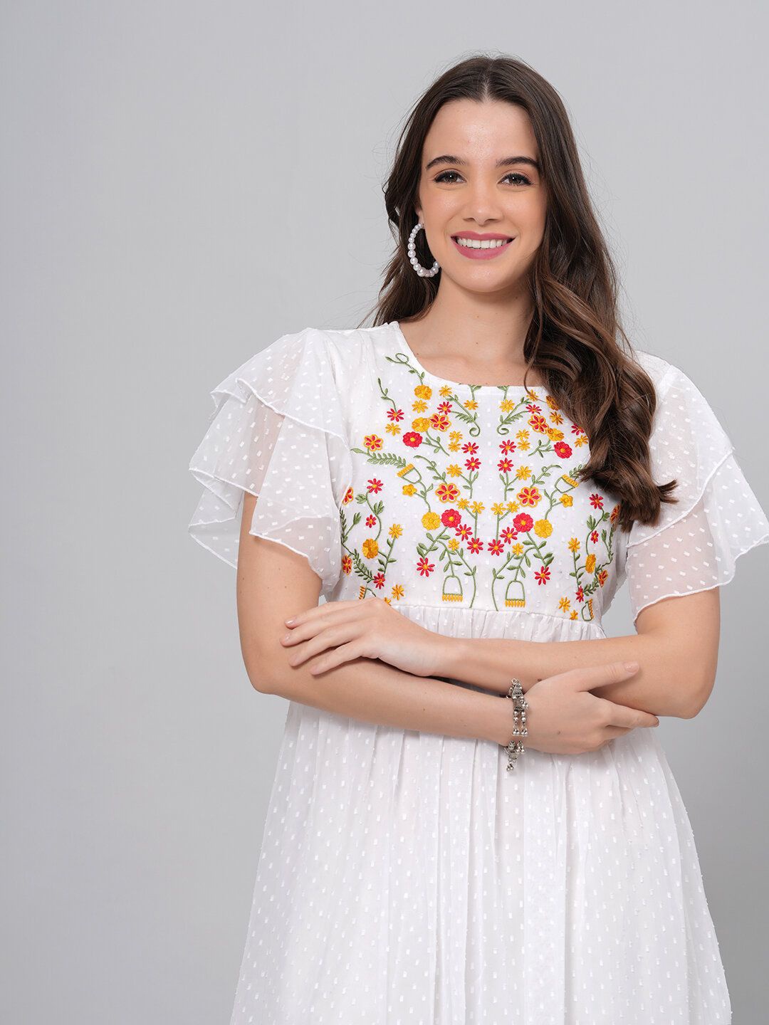 

BPT DESIGNER Women Floral Embroidered Fit & Flare Midi Dress, White
