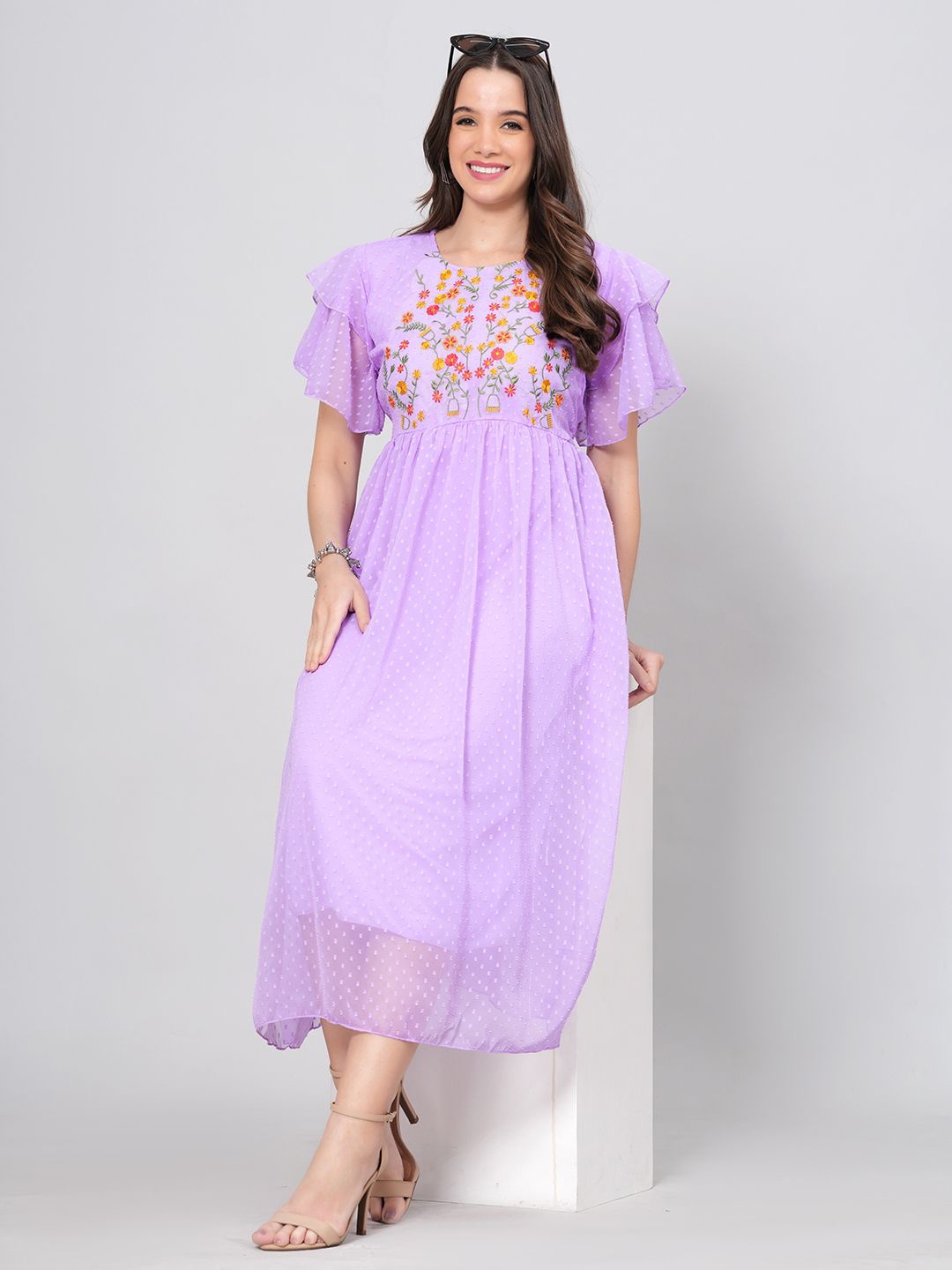 

BPT DESIGNER Women Embroidered Puff Sleeve Fit & Flare Midi Dress, Lavender