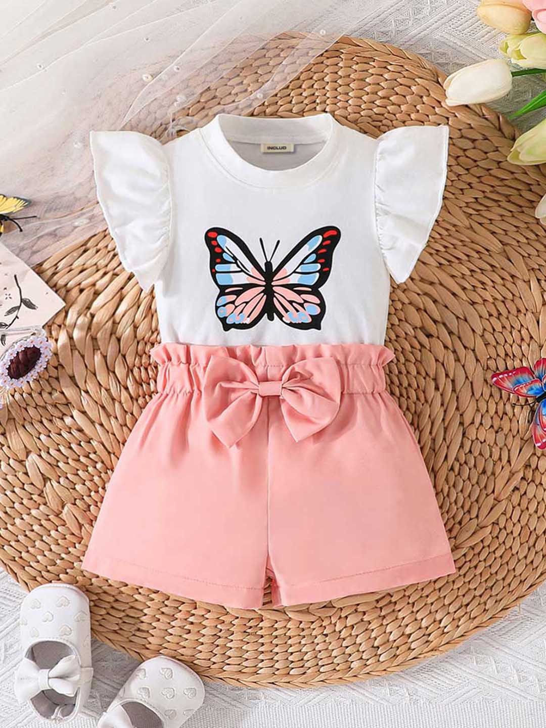 

INCLUD Girls Printed Round Neck Short Sleeves Top With Shorts, Pink