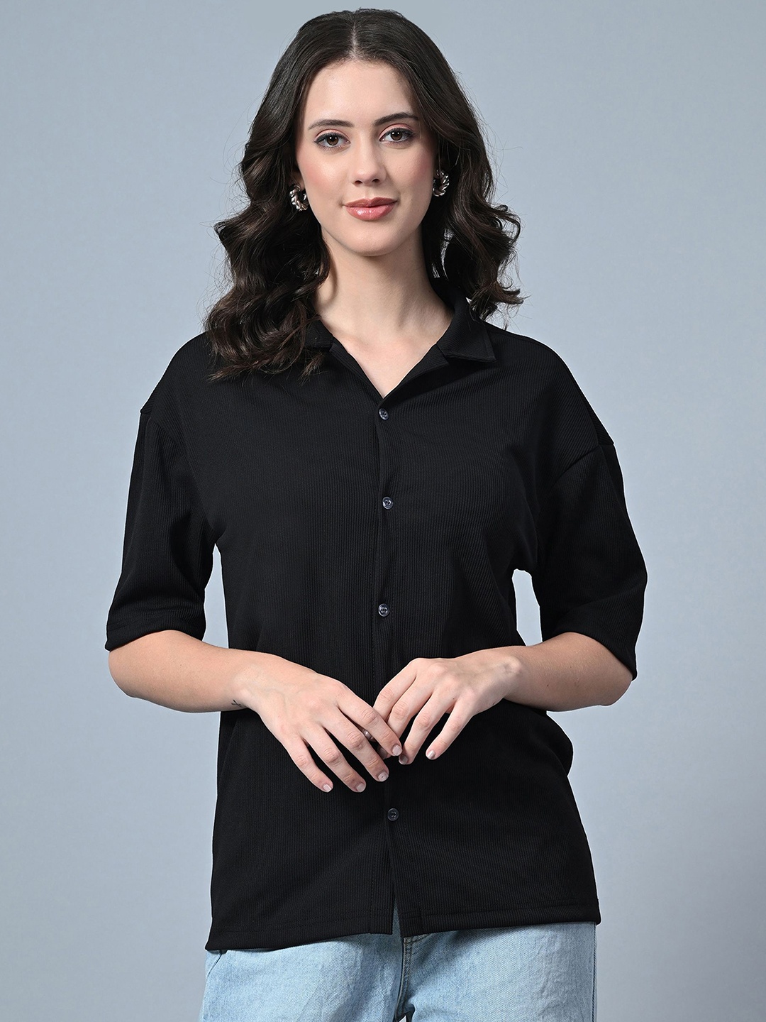

Genzy Women Peter Pan Collar Drop-Shoulder Sleeves Pockets T-shirt, Black