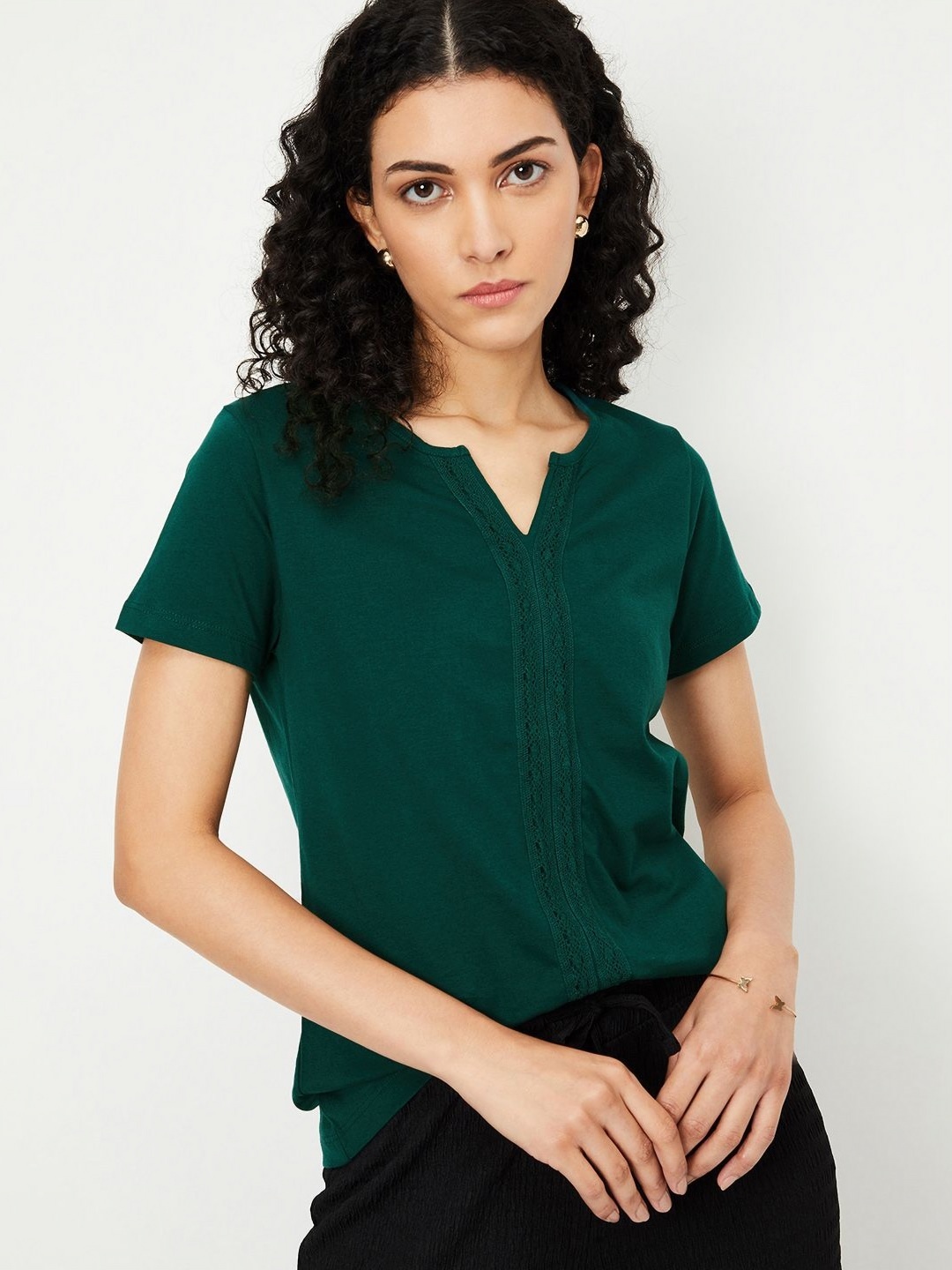 

max Women Self Design Round Neck Cotton T-shirt, Teal