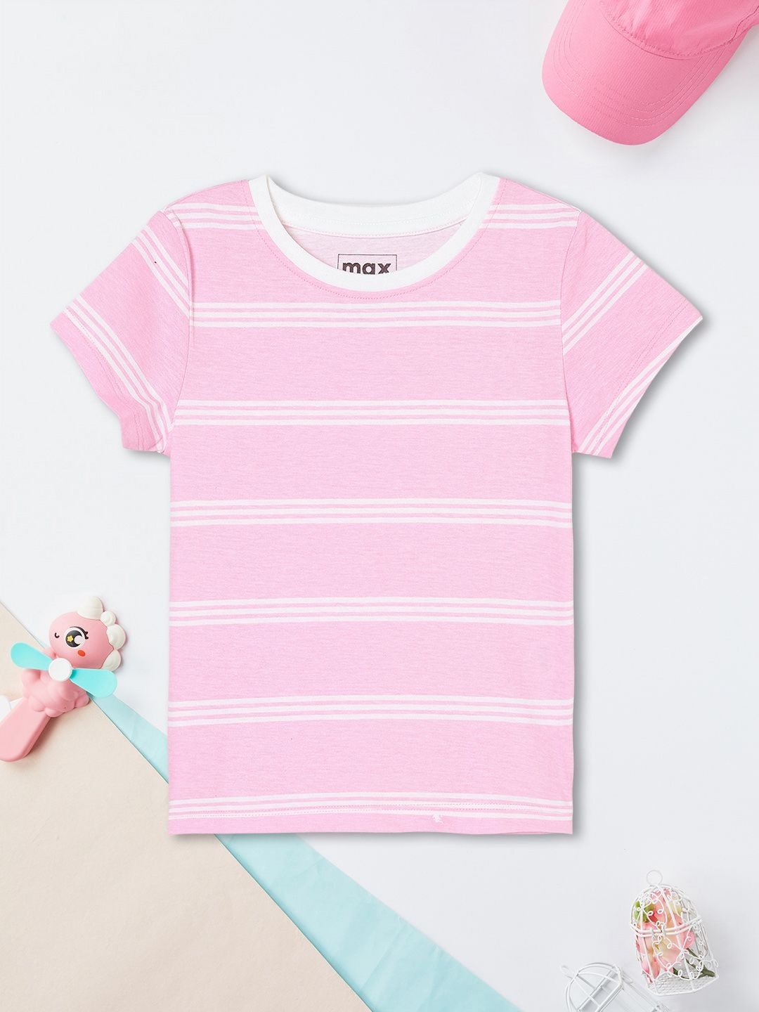 

max Girls Striped Round Neck Cotton T-shirt, Pink