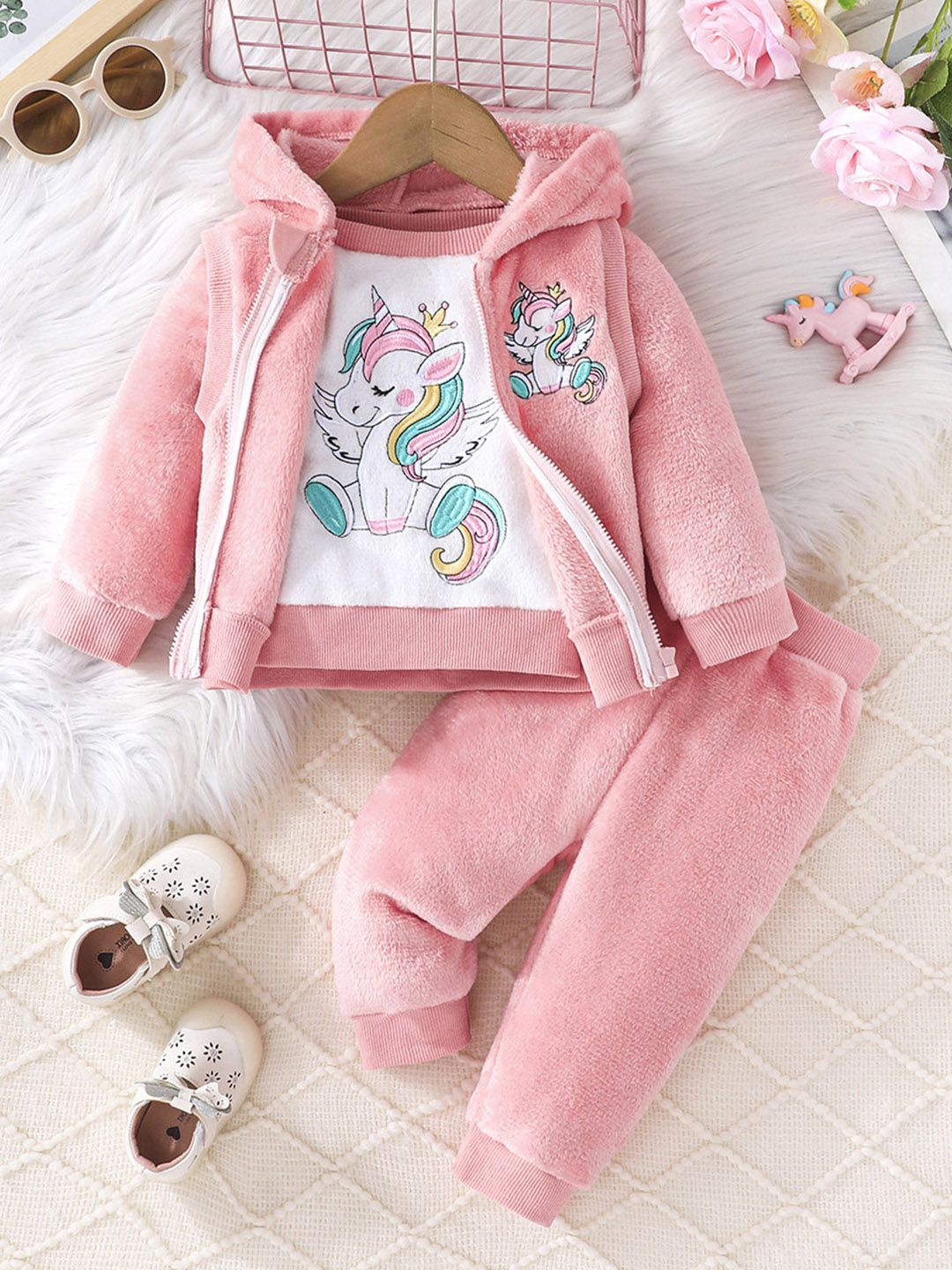 

INCLUD Girls Round Neck Printed Sweatshirt with Joggers and Jacket, Pink