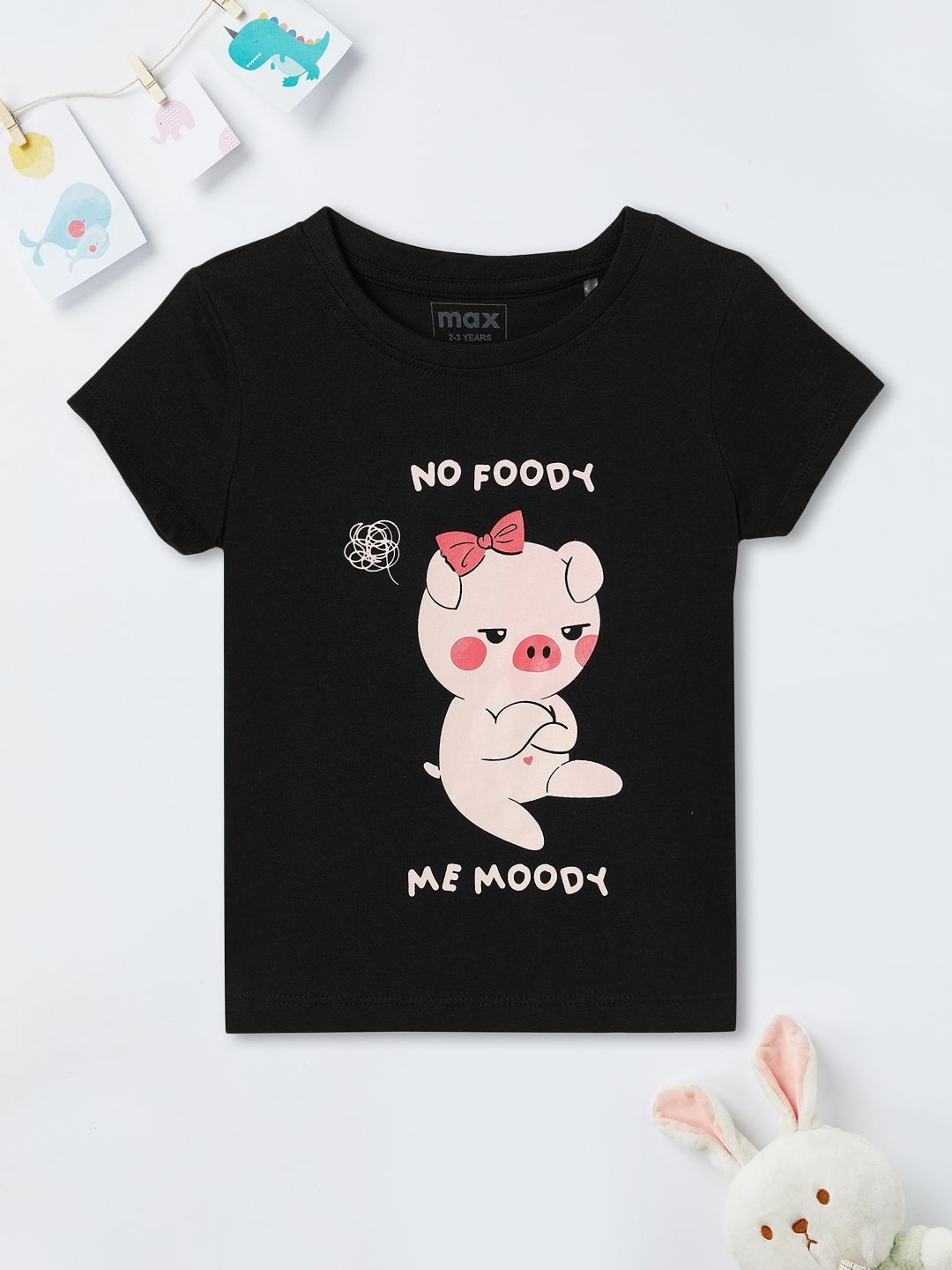 

max Girls Graphic Printed Round Neck Cotton T-shirt, Black