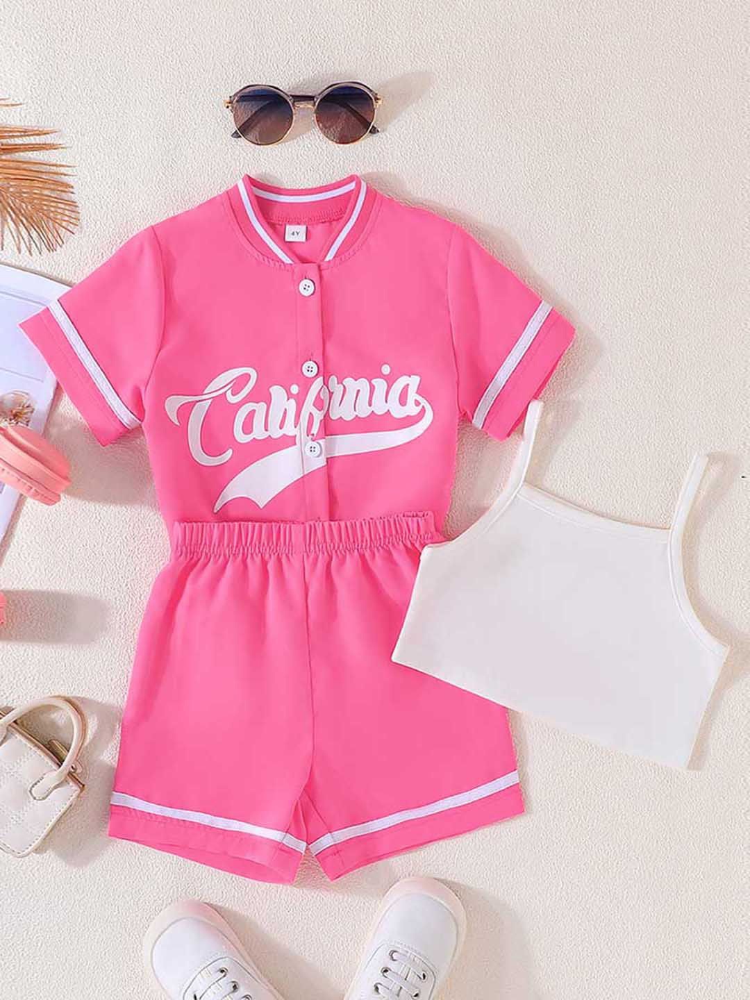 

INCLUD Girls Printed V-Neck Short Sleeves T-Shirt With Shorts With Camisole, Pink