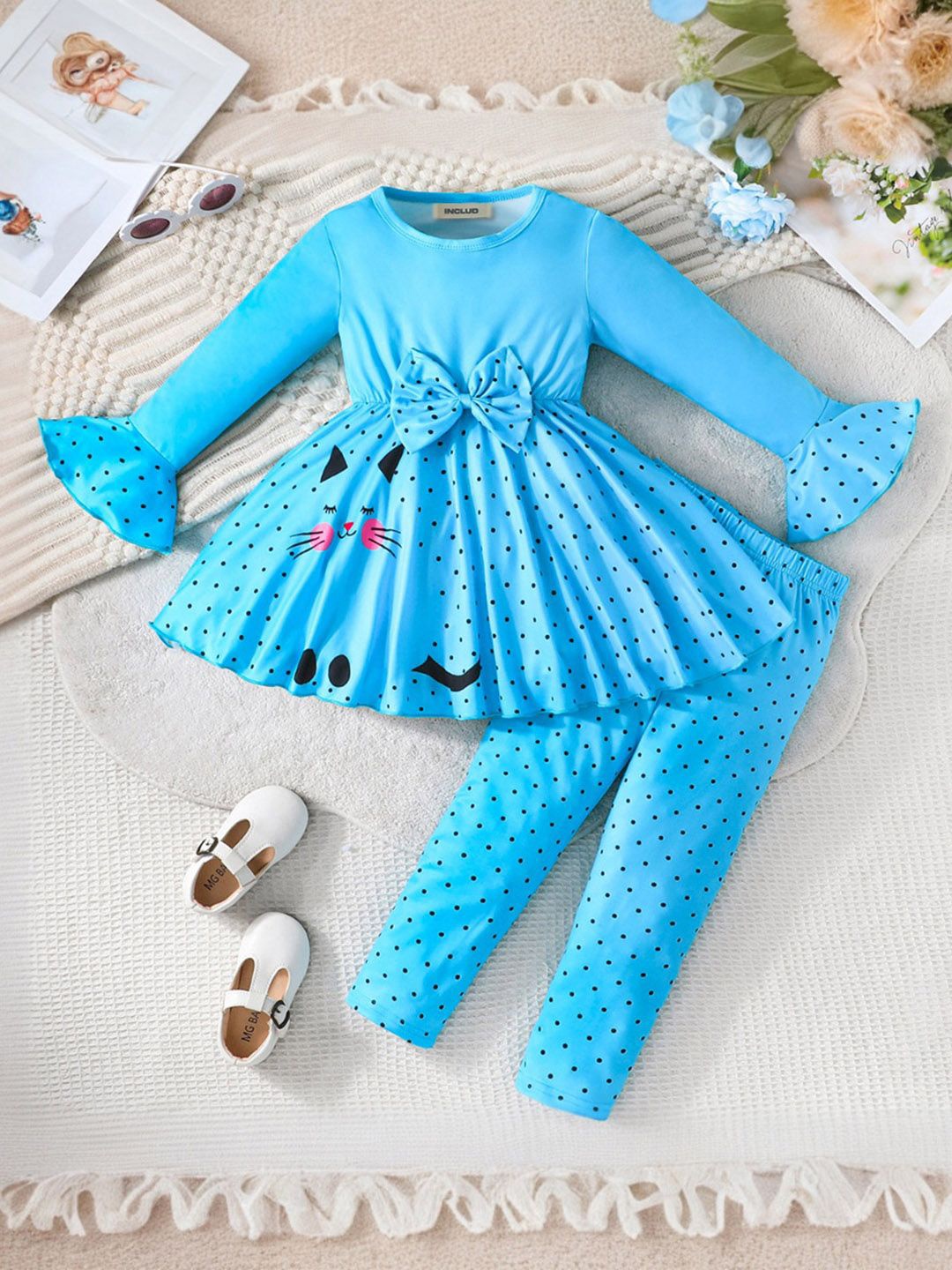 

INCLUD Girls Round Neck Printed Top with Trousers, Blue