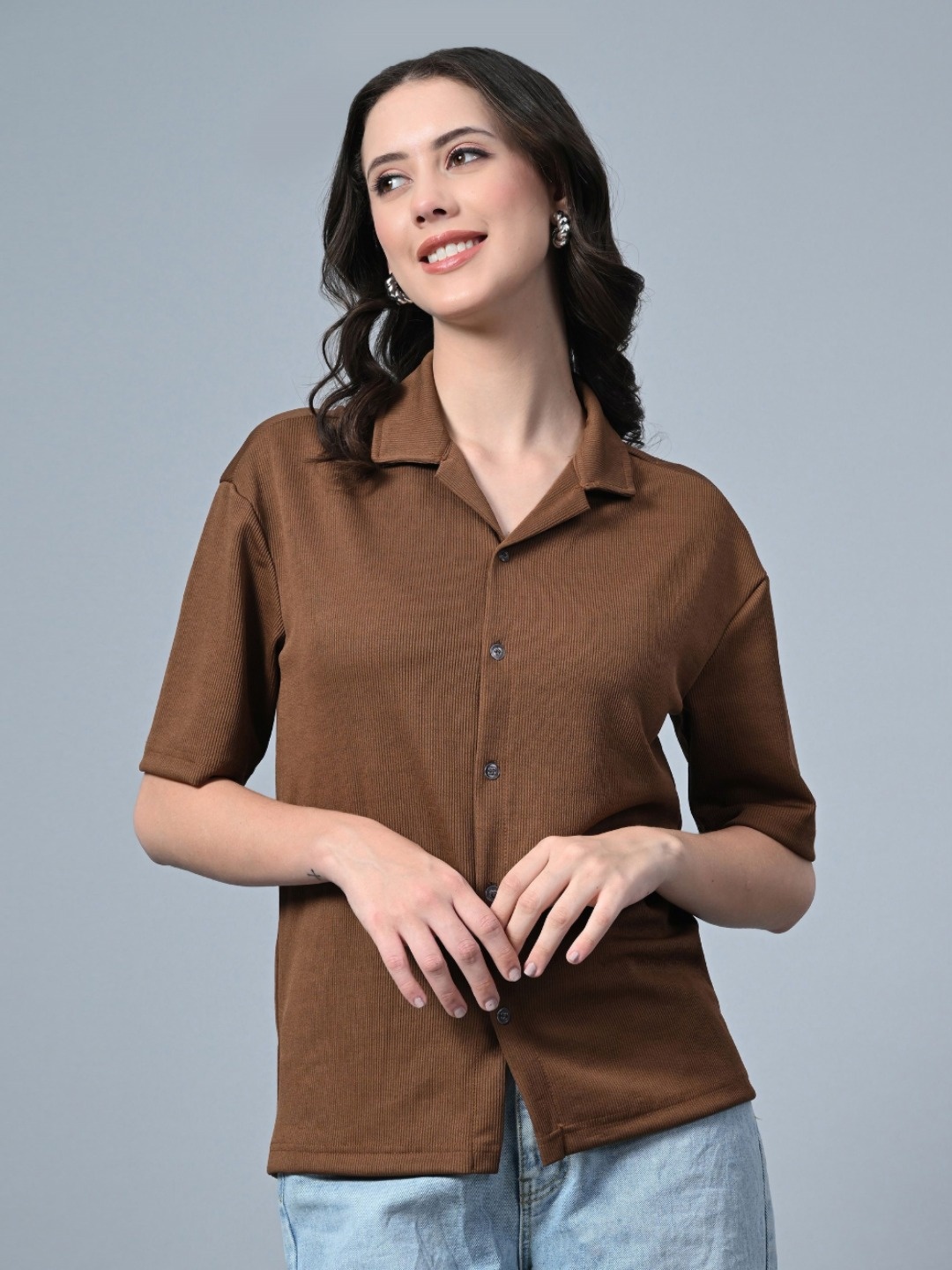 

Genzy Women Peter Pan Collar Drop-Shoulder Sleeves Pockets T-shirt, Brown