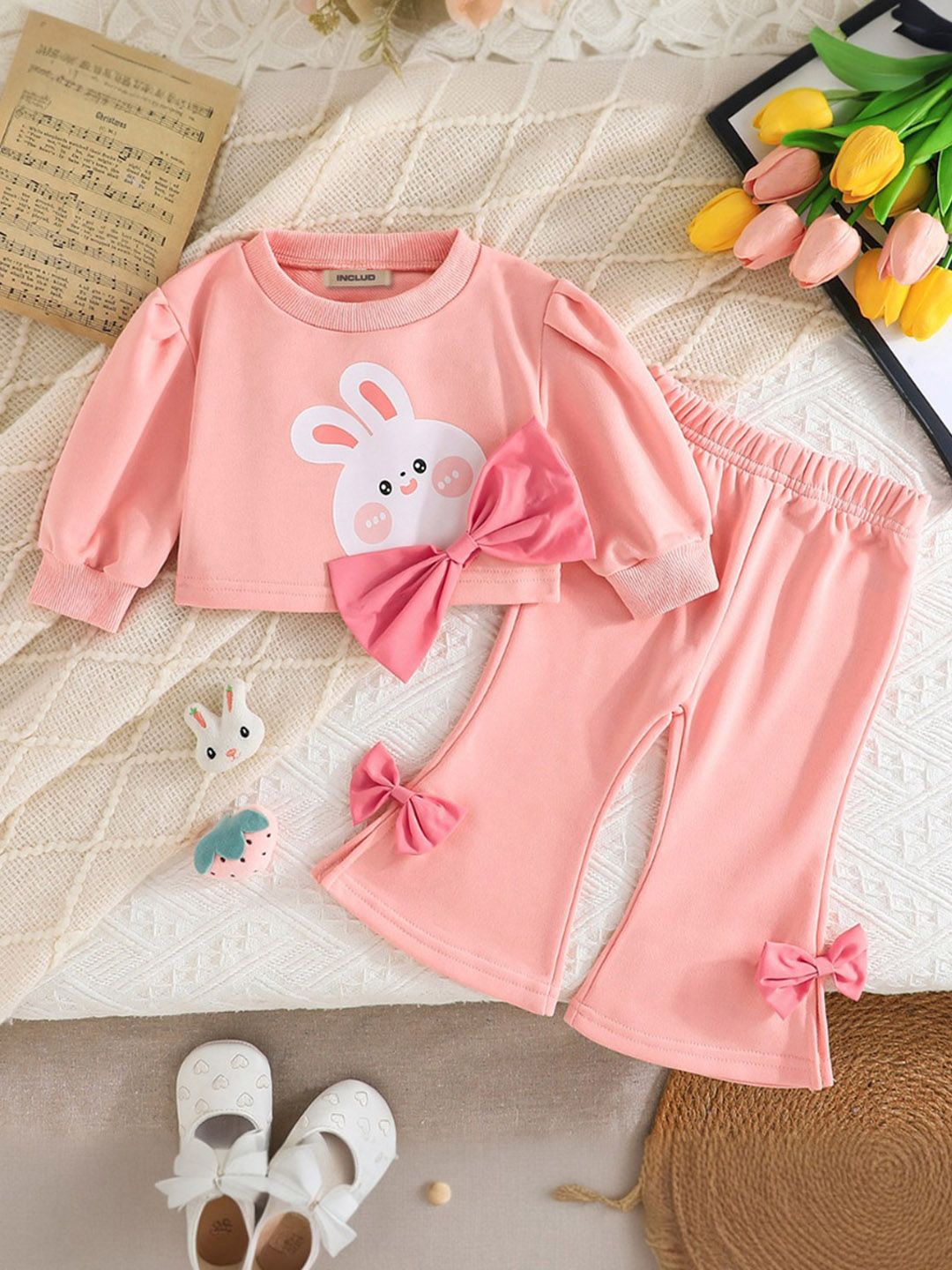 

INCLUD Girls Round Neck Printed Top with Trousers, Peach