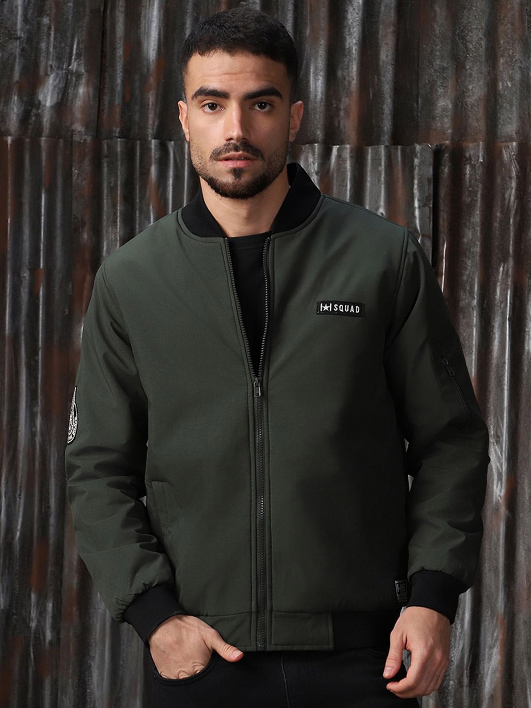 

High Star Men Stand Collar Solid Casual Bomber Jacket, Olive