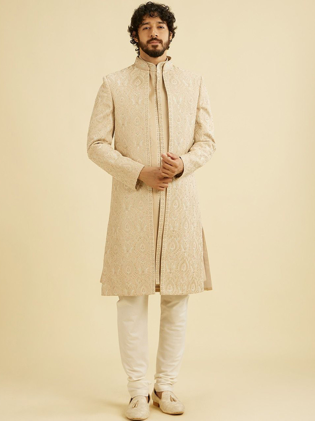 

Manyavar Men Embroidery Thread work Sherwani Set, Beige