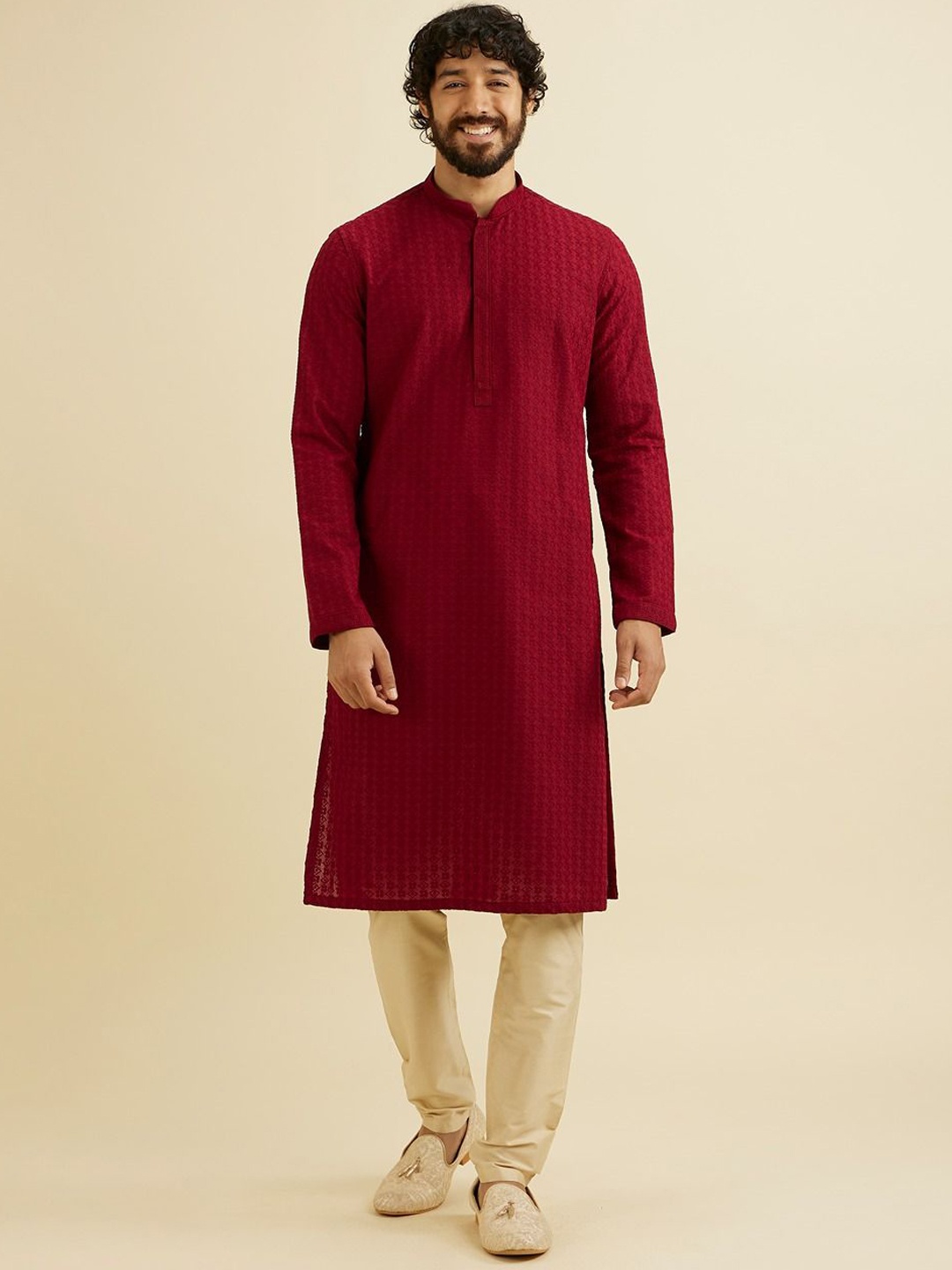 

Manyavar Ethnic Motifs Embroidered Chikankari Kurta with Pyjama, Maroon