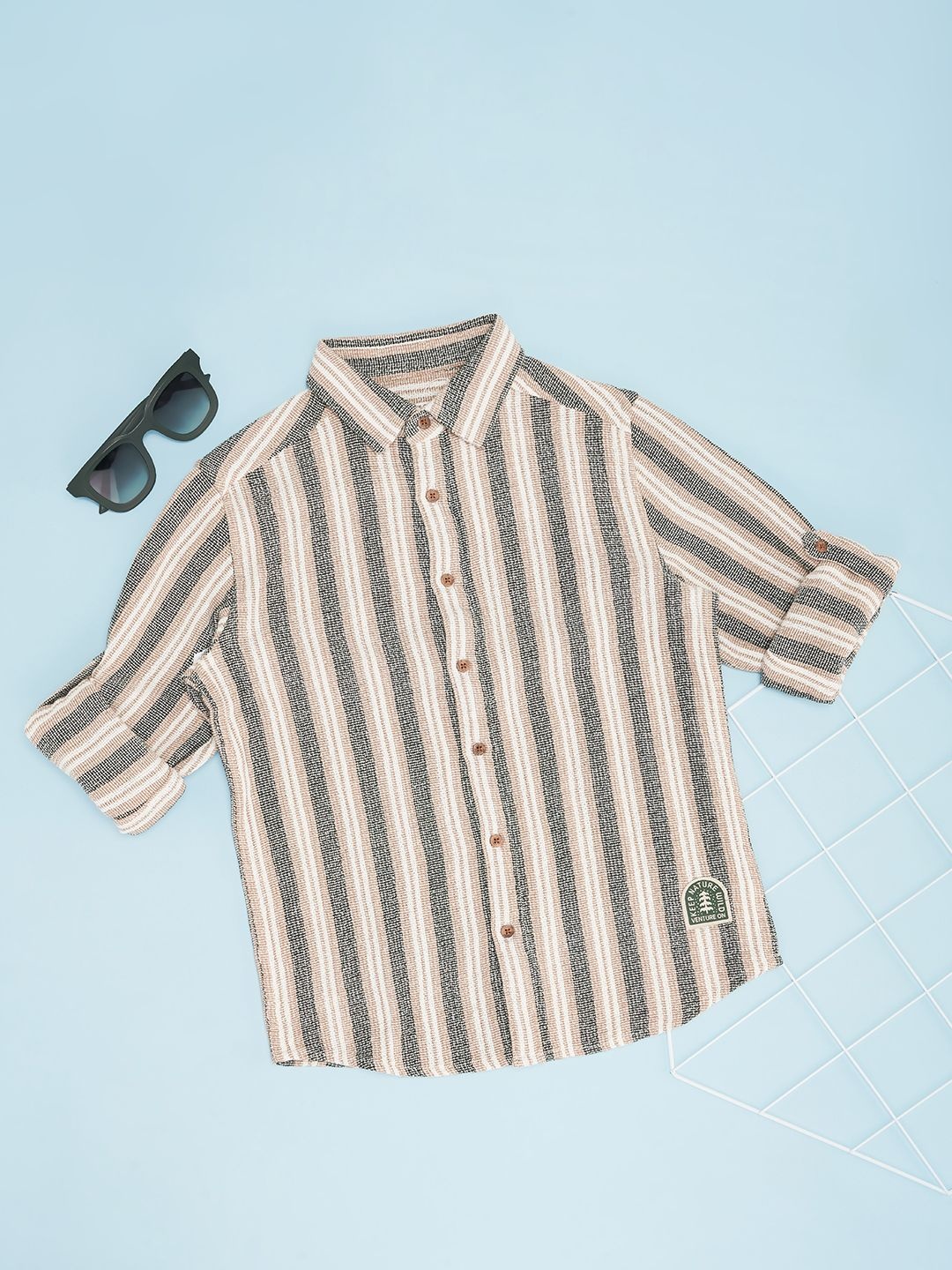 

Pantaloons Junior Boys Spread Collar Vertical Striped Cotton Casual Shirt, Beige