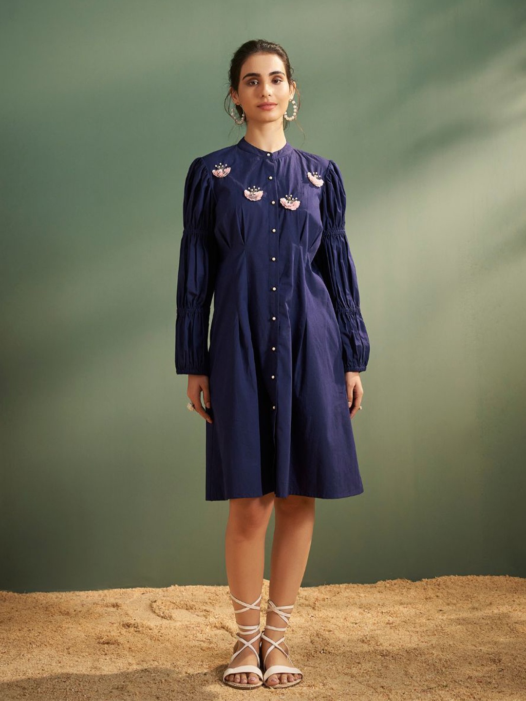 

Kaftanize Women Floral Applique Cotton Shirt Dress, Blue