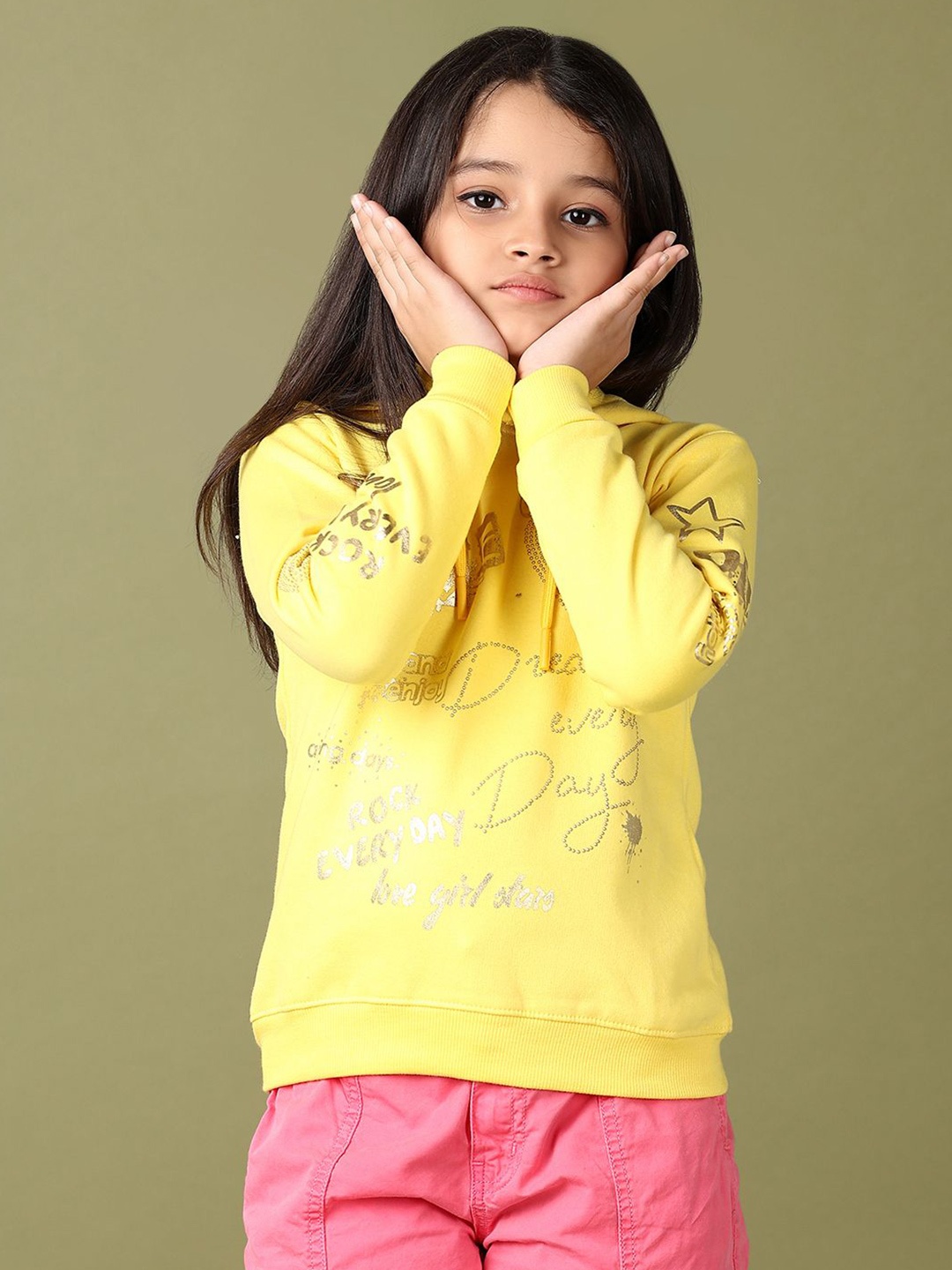 

V-Mart Girls Typography Printed Cotton Hooded Sweatshirt, Yellow