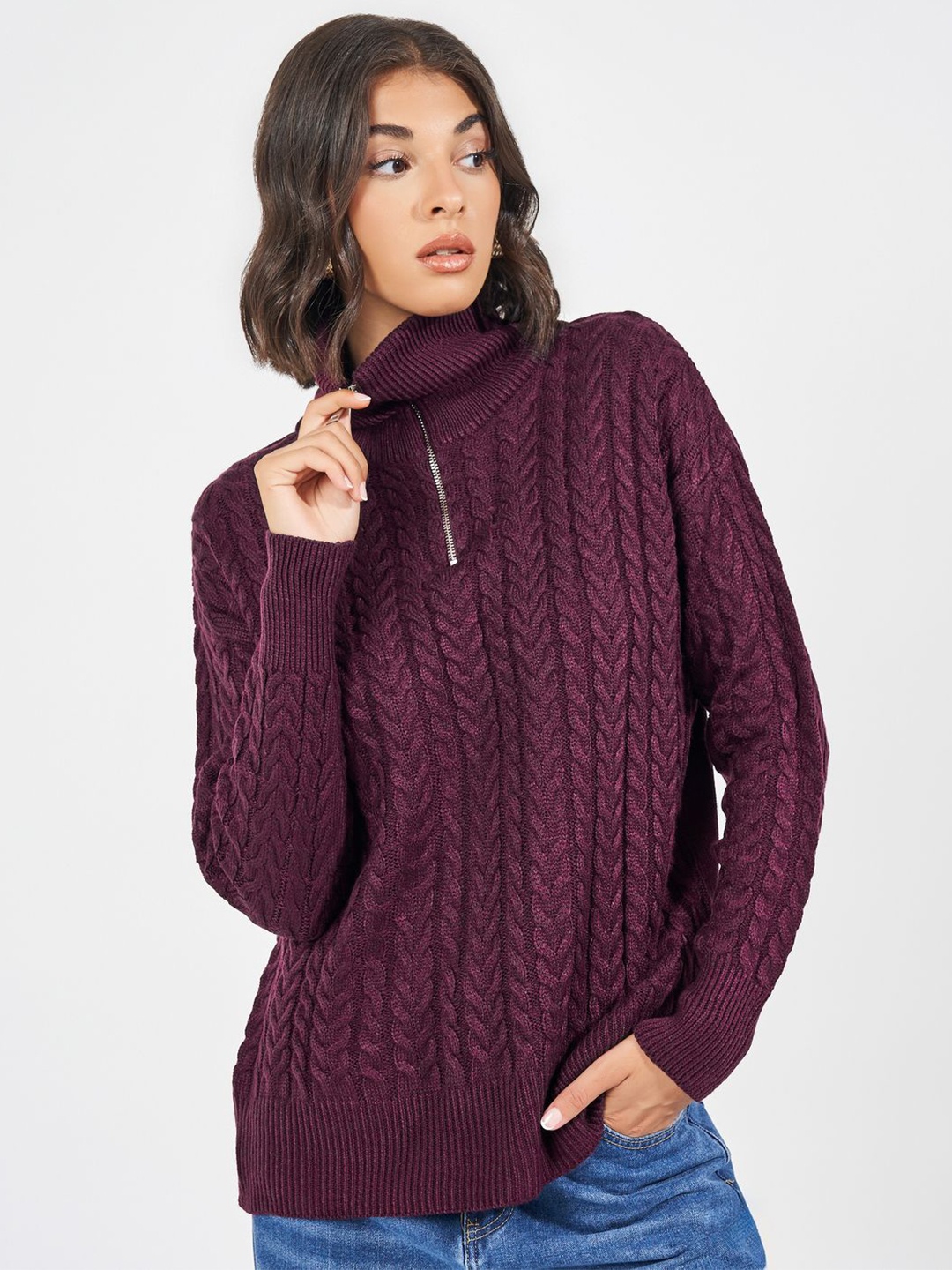 

Styli Women Oversized Fit Chunky Cable Knit Half Zip Sweater, Purple