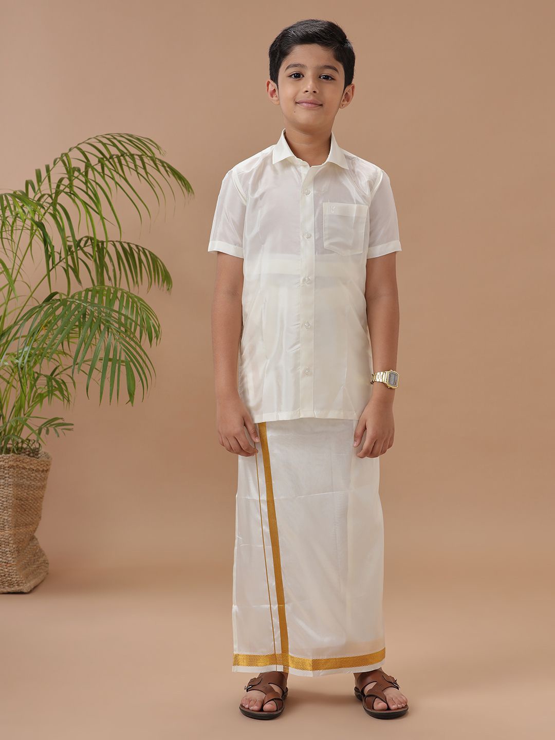 

Ramraj Boys Short Sleeves Shirt With Zari Border Dhoti, Cream