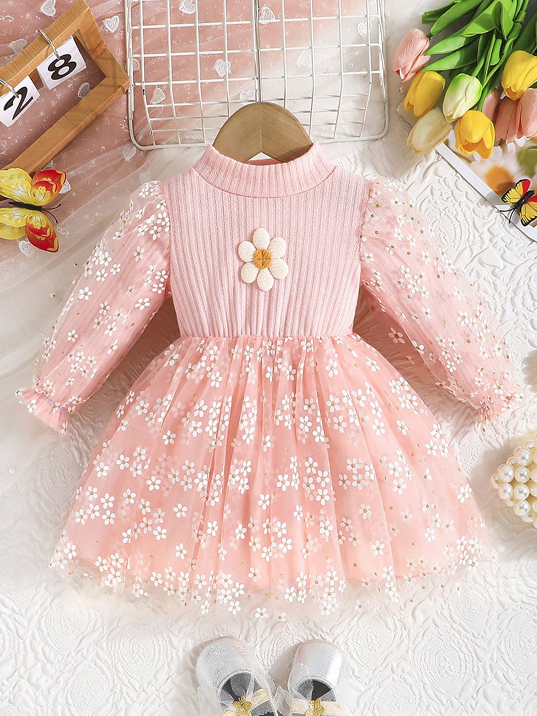

INCLUD Girls Floral Printed Fit & Flare Dress, Pink