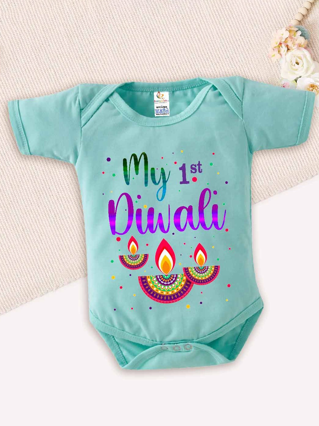 

Babywish Kids My First Diwali Printed Cotton Half Sleeve Bodysuit, Sea green