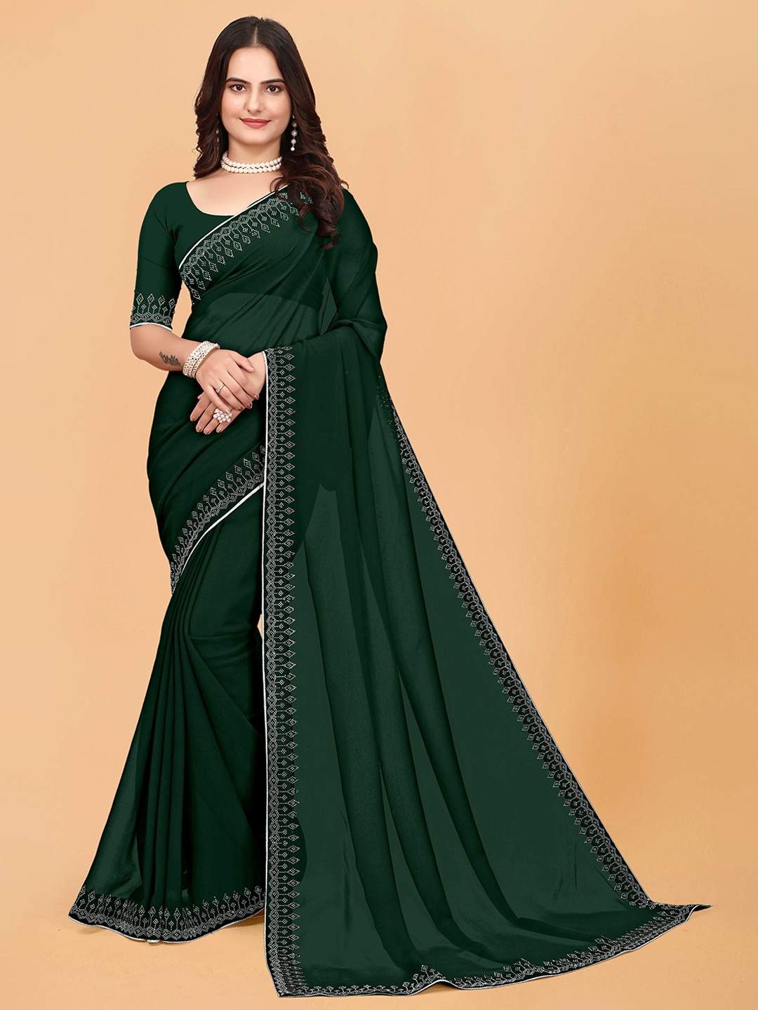 

WEAVETECH IMPEX Beads and Stones Pure Georgette Saree, Green