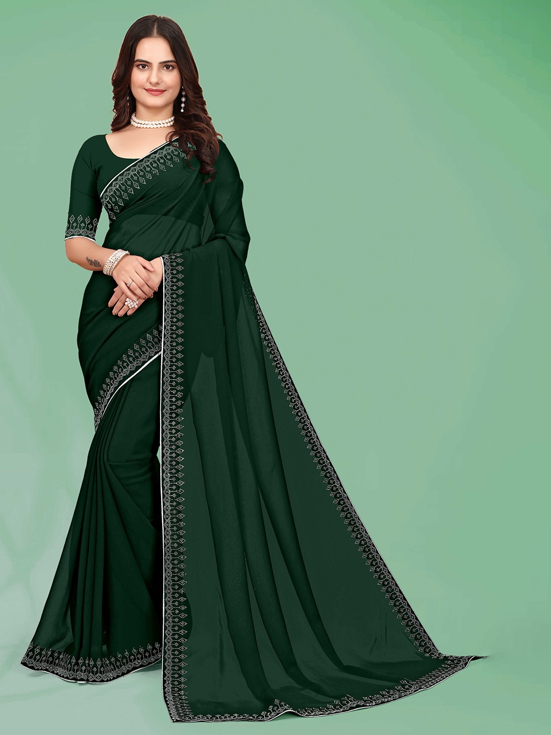 

WEAVETECH IMPEX Embellished Embroidered Pure Georgette Saree, Green