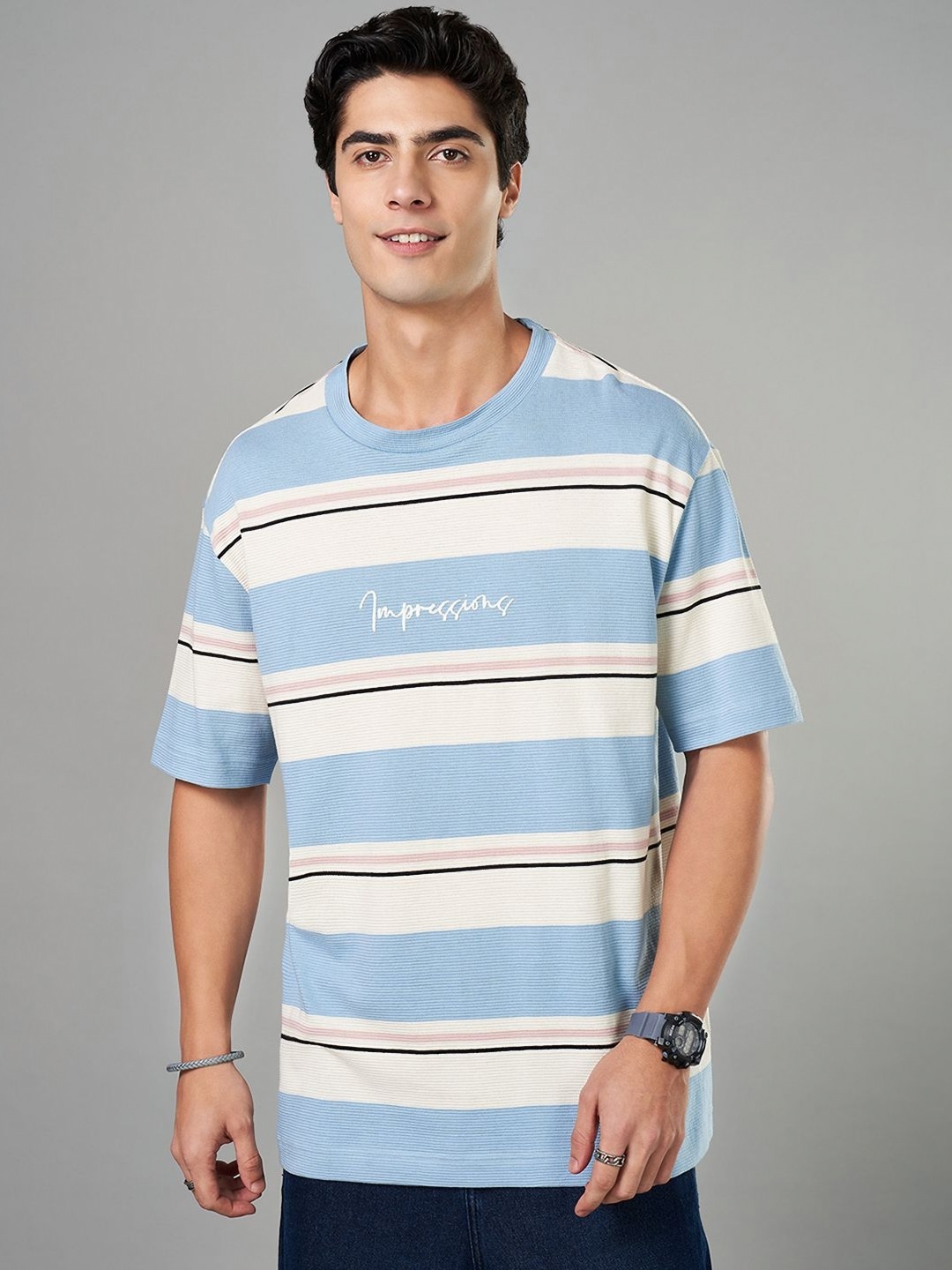 

People Men Striped Round Neck Cotton Boxy T-shirt, Blue