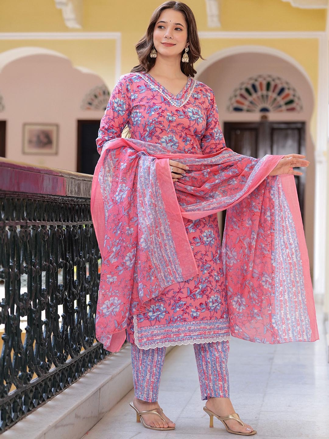 

EKAKRITI V-Neck Floral Printed Straight Kurta with Trouser & Dupatta, Pink